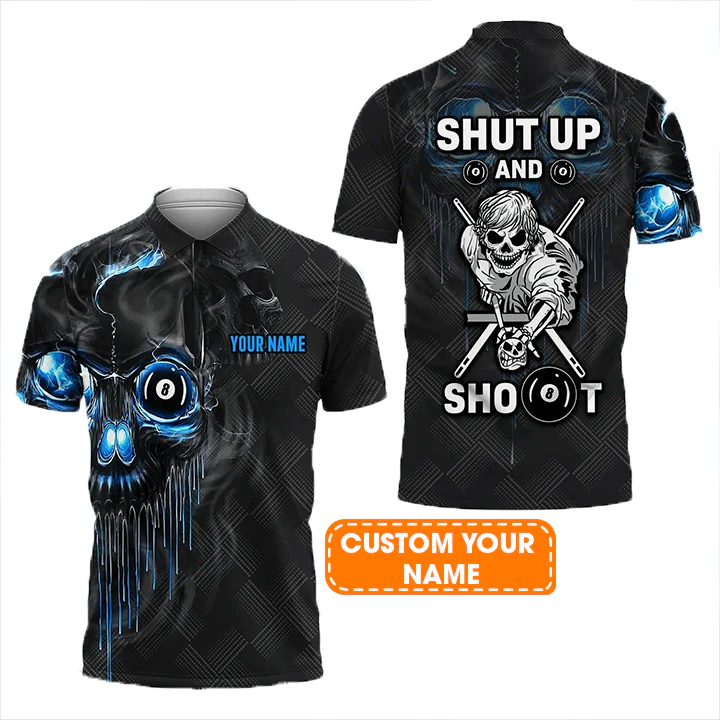 Custom Name Billiard Men Polo Shirt, Personalized Skull 8 Ball Pool Billiards Polo Shirts, Shut Up And Shoot, Gift For Billiard Lovers, Players - Image 2