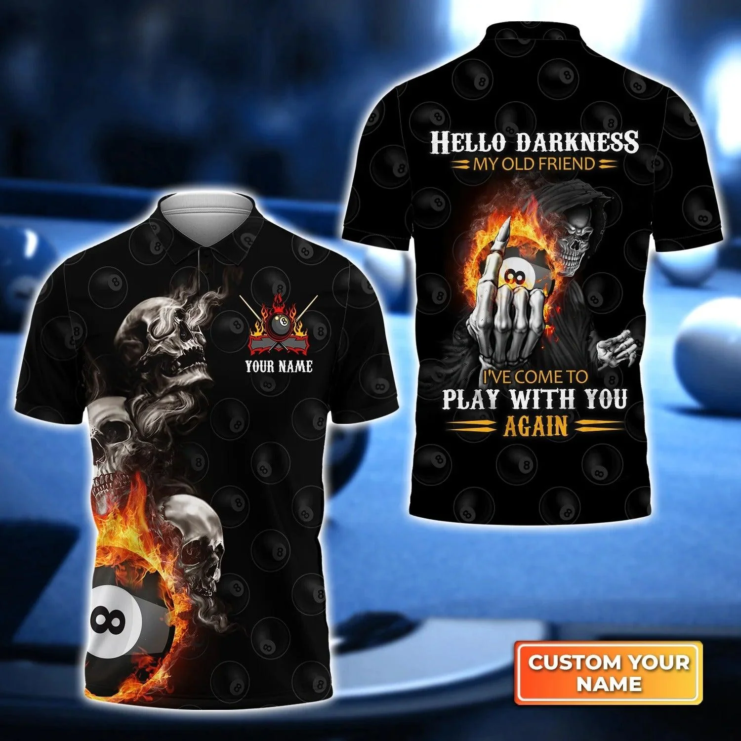 Custom Name Billiard Men Polo Shirt, Personalized Skull Reaper 8 Ball Pool Billiards Polo Shirts Gift For Billiard Lover, Hello Darkness My Old Friend
