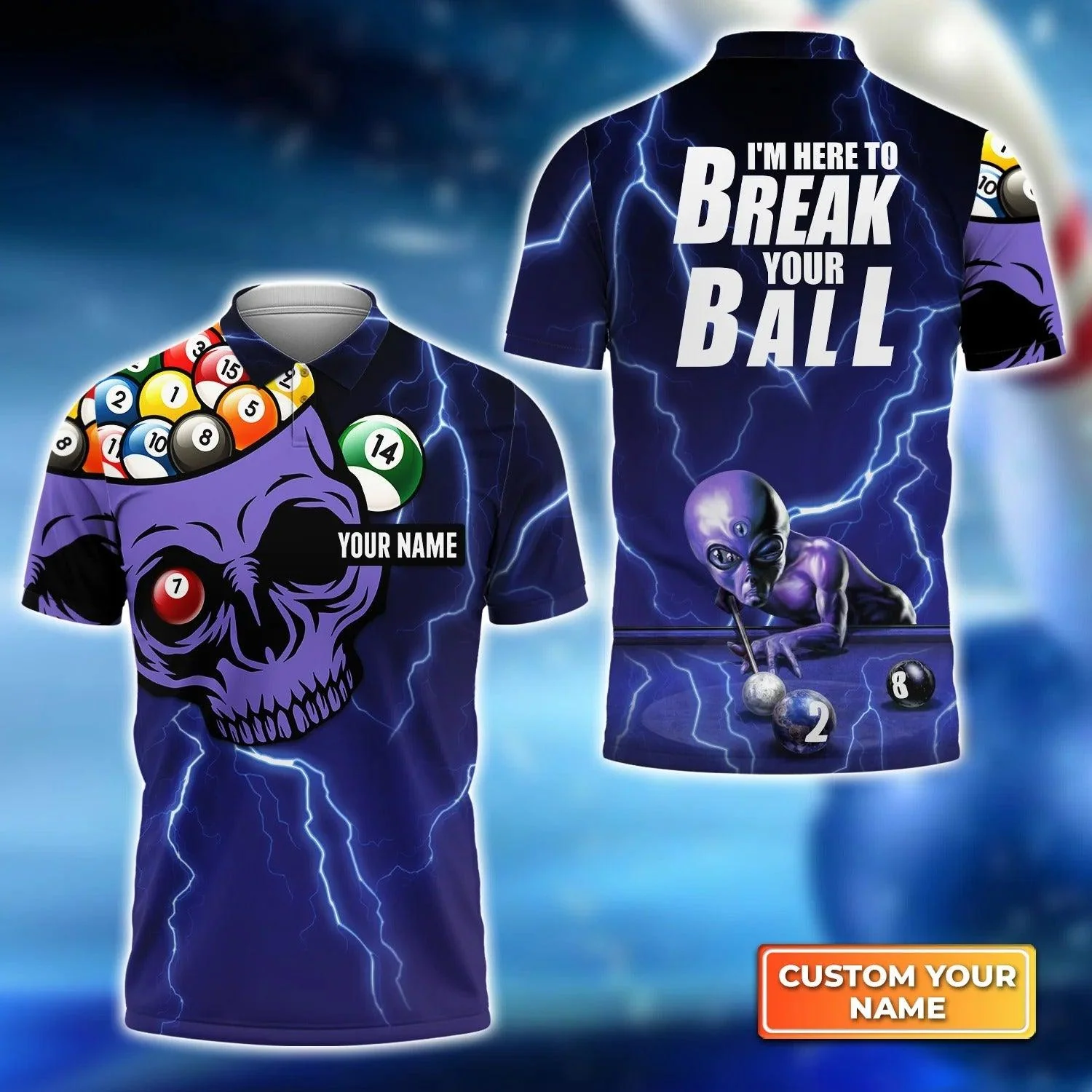 Custom Name Billiard Men Polo Shirt, Personalized Skull Thunder 8 Ball Pool Billiards Polo Shirts, Thunderstorm I'm Here To Break Your Balls