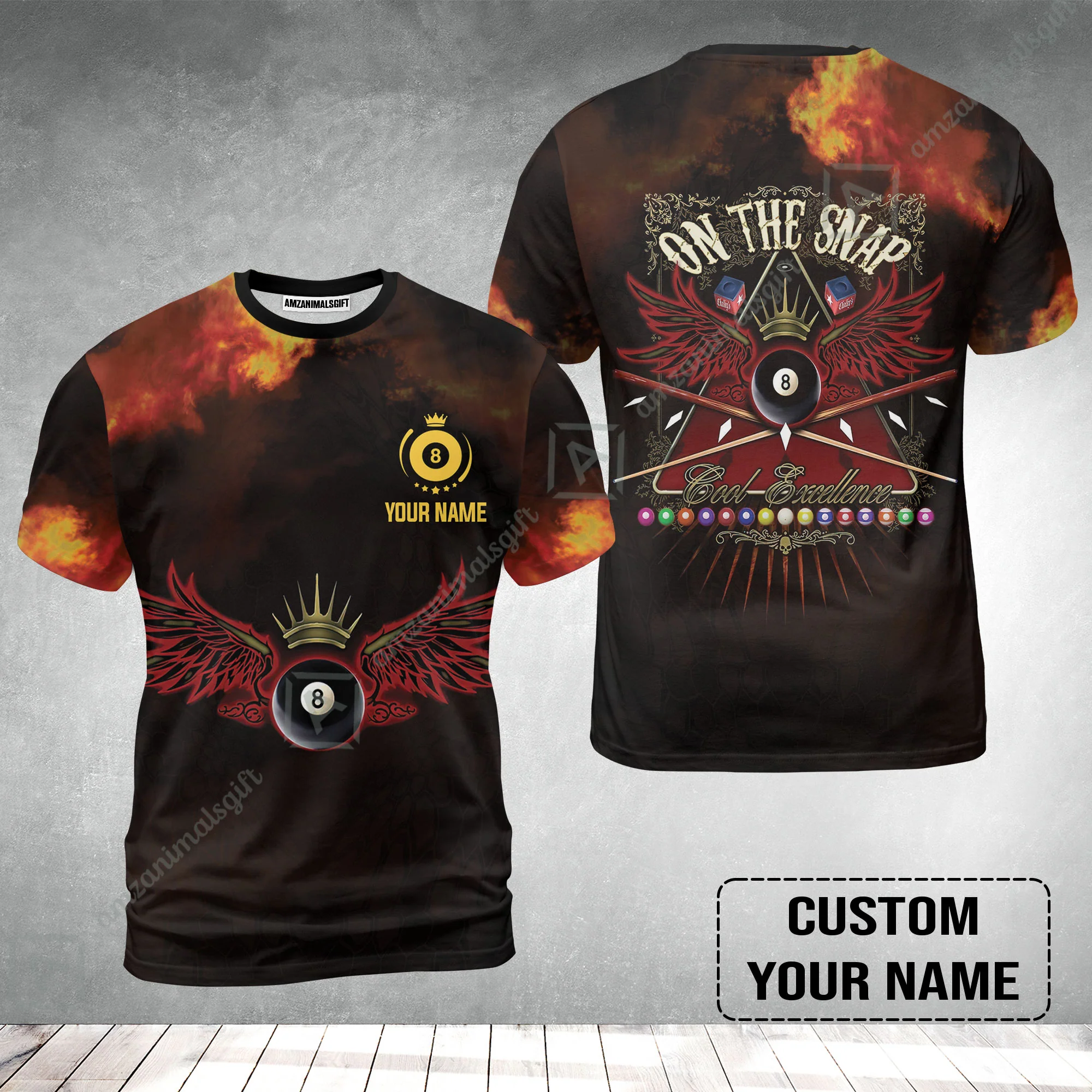 Custom Name Billiard T-Shirt, On The Snap Personalized 8 Ball Pool Billiards T-Shirt - Image 2