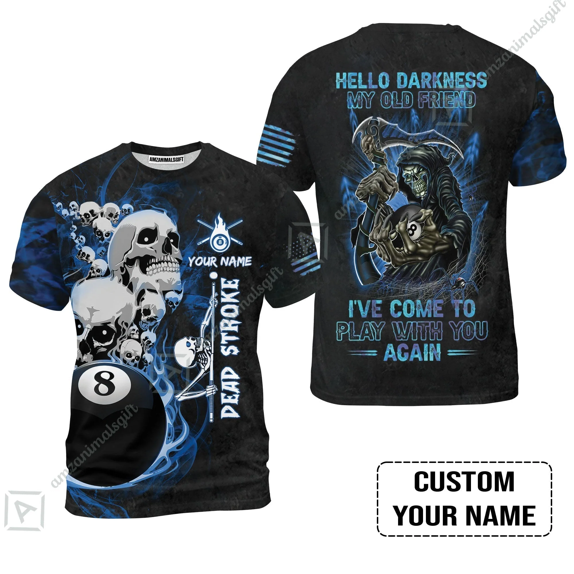 Custom Name Billiard T-Shirt, Personalized Blue Galaxy 8 Ball Pool Billiards, Hello Darkness My Old Friend Long T-Shirt For Billiards Lovers