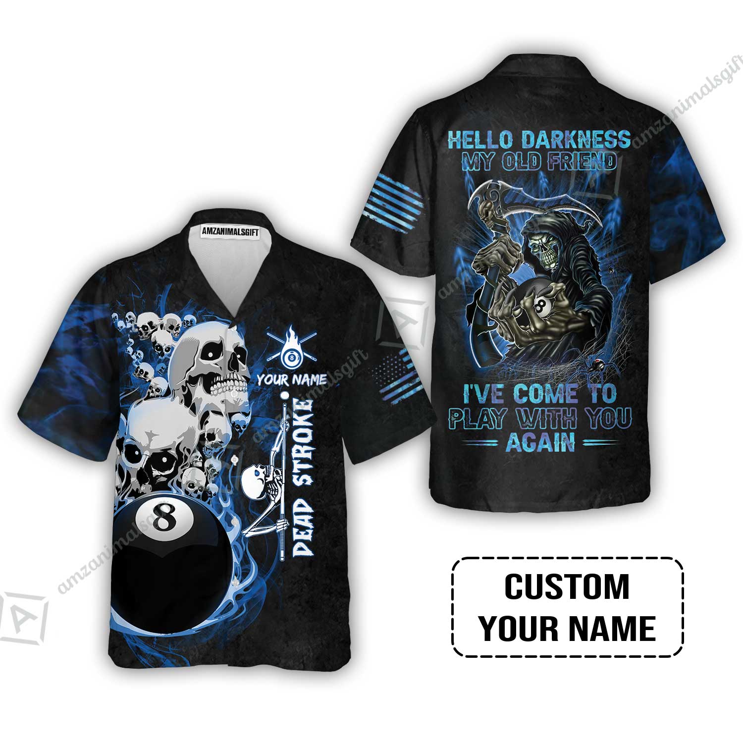 Custom Name Billiard T-Shirt, Personalized Blue Galaxy 8 Ball Pool Billiards, Hello Darkness My Old Friend Long T-Shirt For Billiards Lovers - Image 3