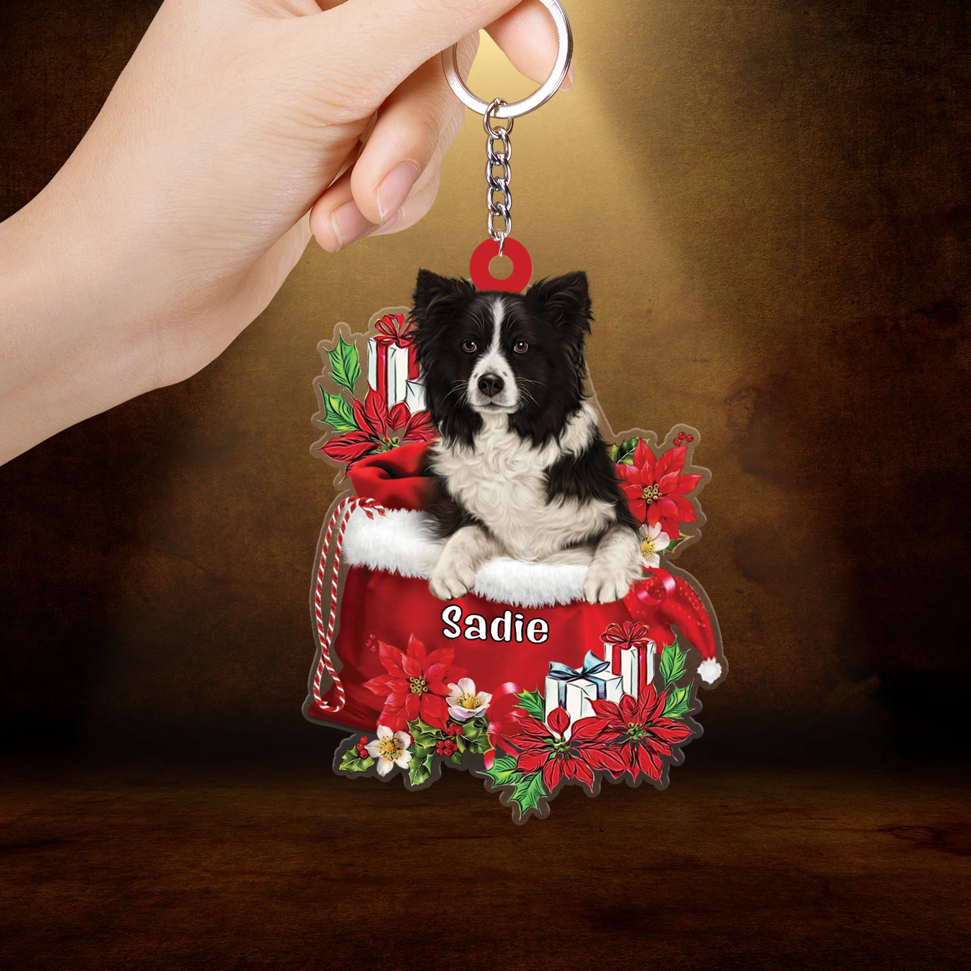 Custom Name Border Collie In Red Gift Bag Christmas Acrylic Keychain, Customized Christmas Gift For Dog Lovers, Dog Mom - Image 2