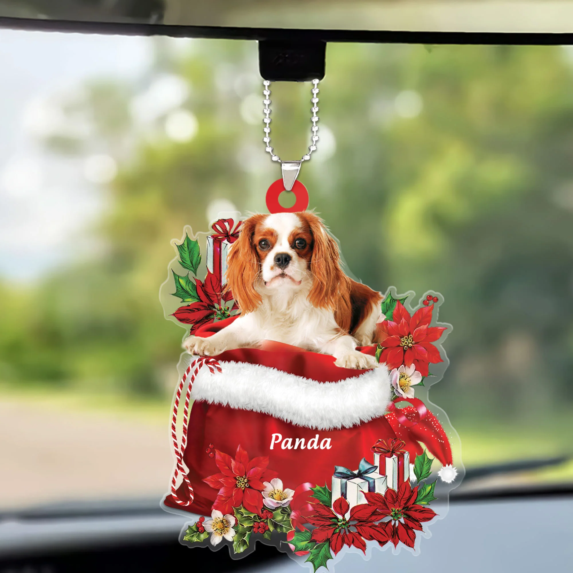 Custom Name Cavalier King Charles Spaniel In Red Gift Bag Christmas Car Ornament, Customized Christmas Gift For Dog Lovers, Dog Mom - Image 2