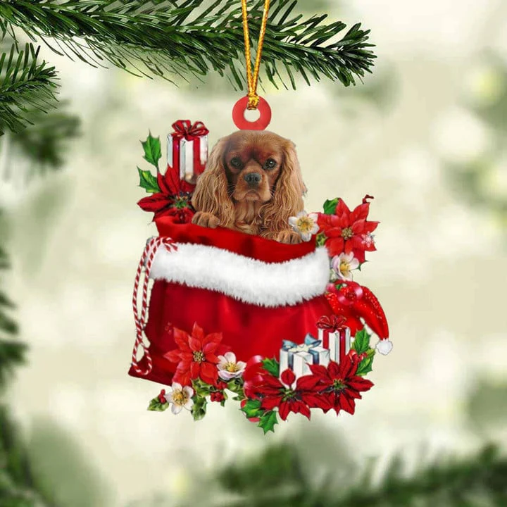 Custom Name Cavalier King Charles Spaniel In Red Gift Bag Acrylic Christmas Ornament, Customized Christmas Gift For Dog Lovers, Dog Mom