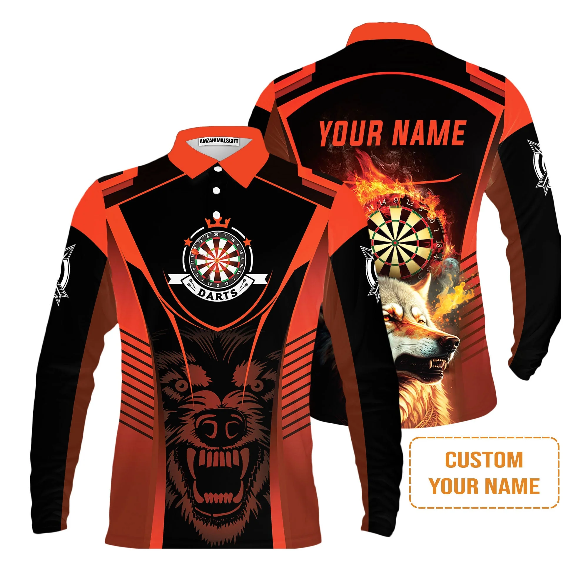 Custom Name Darts Men's Long Sleeve Polo Shirt, Orange Wolf Dartboard Personalized Long Sleeve Polo Shirt - Gift For Darts Players - Image 2