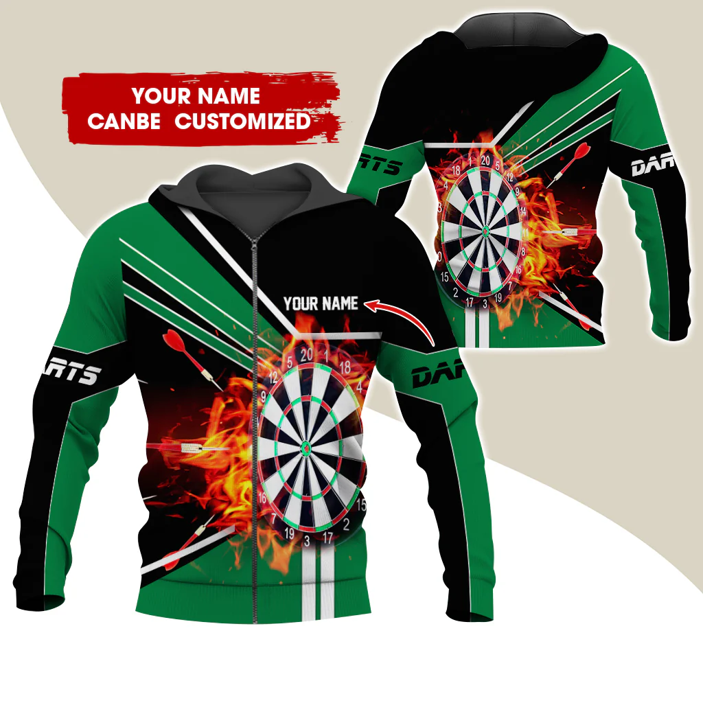 Custom Name Darts Premium Zip Hoodie, Personalized Name Fire Darts Zip Hoodie For Men & Women - Gift For Darts Lovers, Darts Players - Image 2