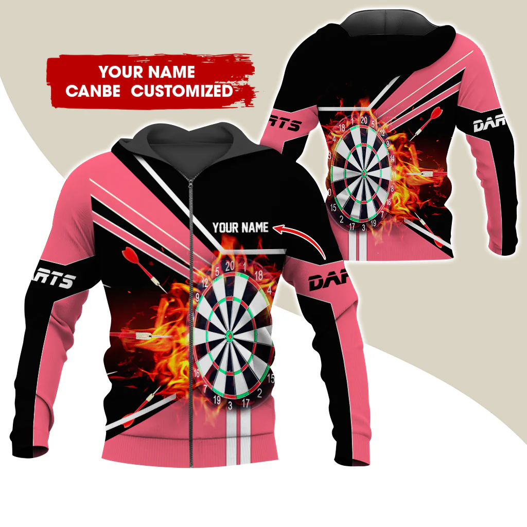 Custom Name Darts Premium Zip Hoodie, Personalized Name Fire Darts Zip Hoodie For Men & Women - Gift For Darts Lovers, Darts Players - Image 3
