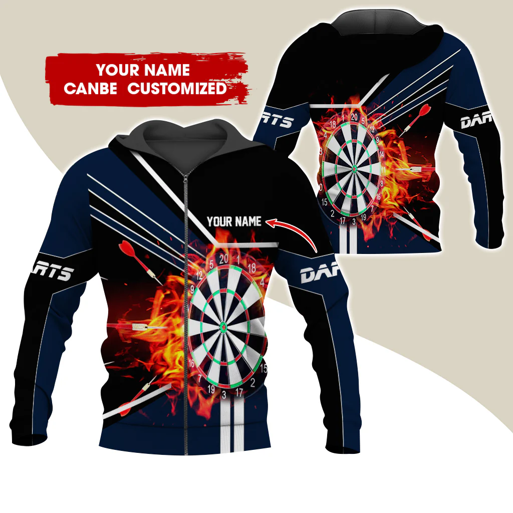 Custom Name Darts Premium Zip Hoodie, Personalized Name Fire Darts Zip Hoodie For Men & Women - Gift For Darts Lovers, Darts Players - Image 4