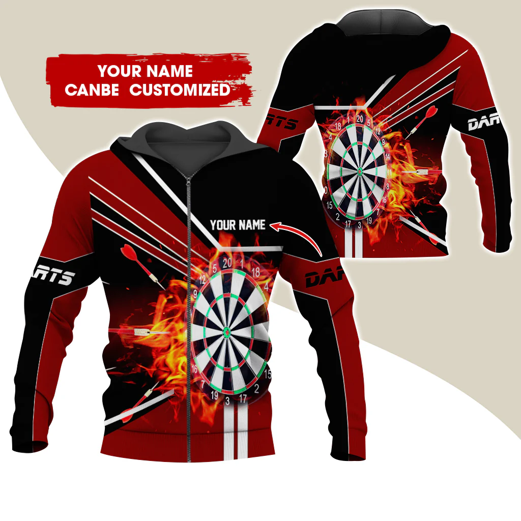 Custom Name Darts Premium Zip Hoodie, Personalized Name Fire Darts Zip Hoodie For Men & Women - Gift For Darts Lovers, Darts Players - Image 5