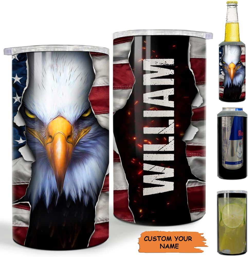 Custom Name Eagle US Independence Day Can Cooler Tumbler, Personalized American Flag Cooler Tumbler, 4th Of July Gifts For Men Women Travel, Patriot