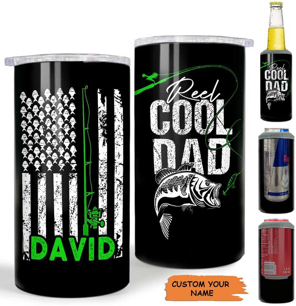Custom Name Fishing US Independence Day Can Cooler Tumbler, Personalized American Flag Cooler Tumbler, 4th July Gifts For Men Women, Daddy Father Papa