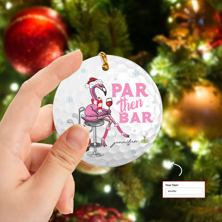 Custom Name Flamingo Golf Par Then Bar Wine Circle Ceramic Ornament, Christmas Golf Ceramic Ornament - Best Gift For Golf Lovers, New Year - Image 2