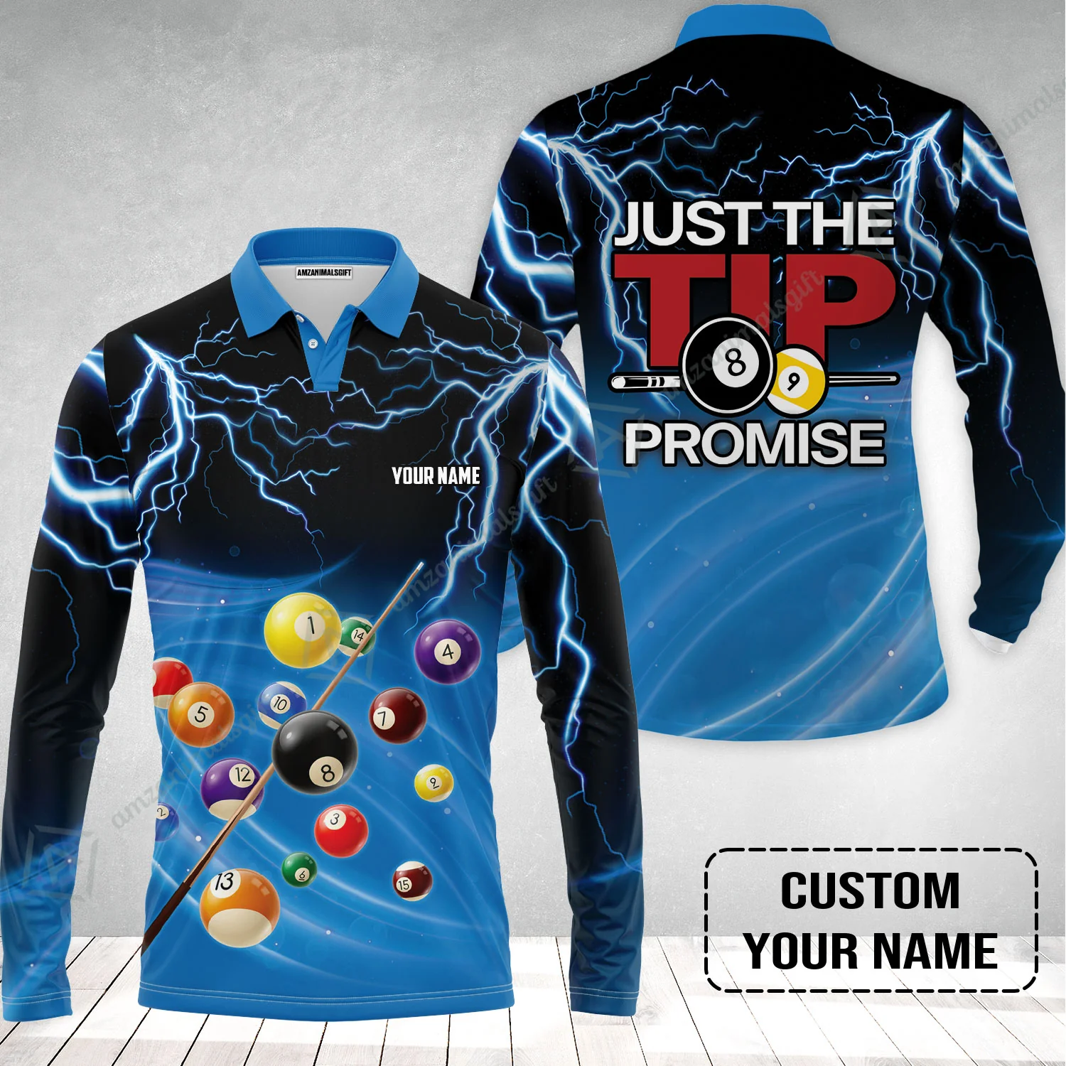 Custom Name Long Polo Shirt, Personalized Thunder 8 Ball Pool Billiards Polo Shirts, Gift For Billiard Lovers, Just The Tip I Promise - Image 2