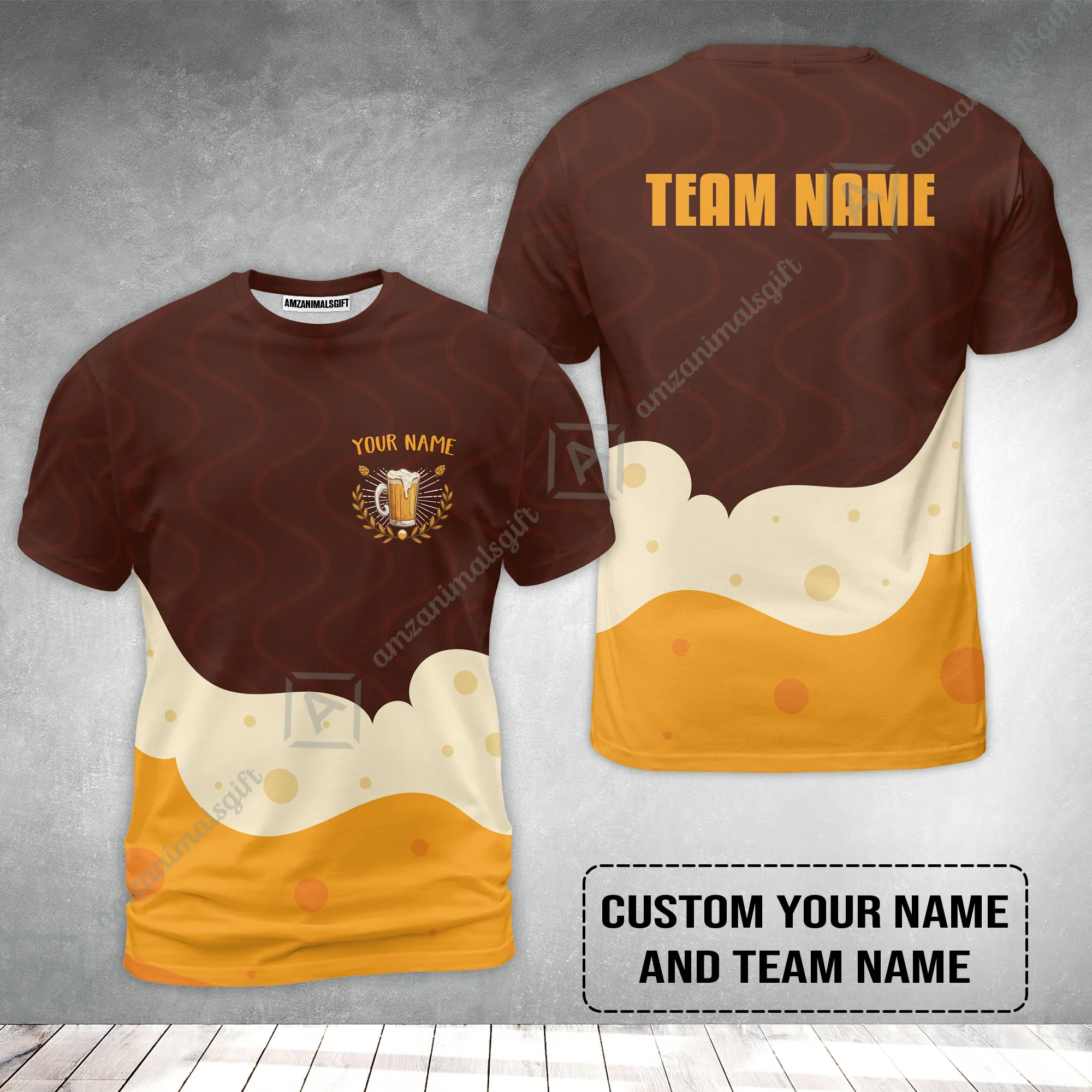 Custom Orange Brown Beer Pattern Design Oktoberfest Beer Festival Performance T-Shirt - Image 2