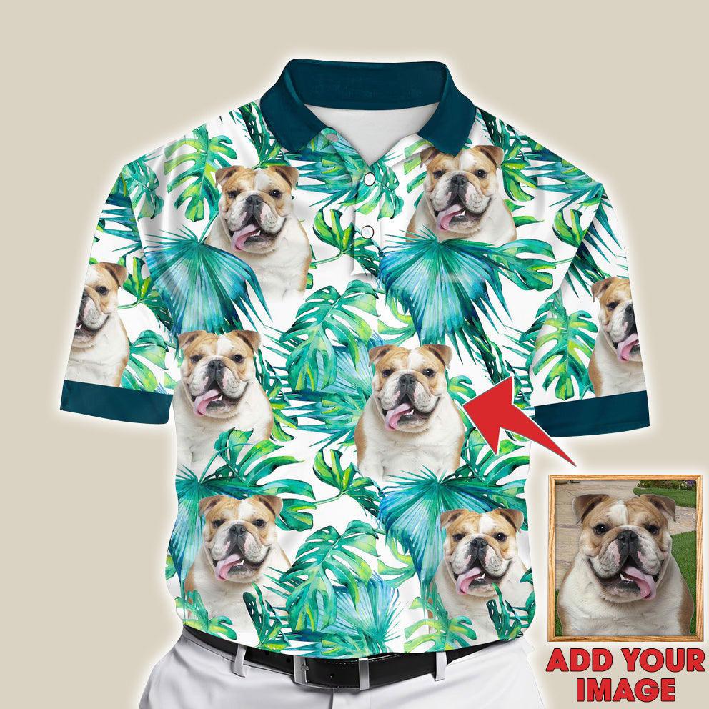 Custom Polo Shirt With Dog Face, Pet Face Polo Shirt, Green Leaves Pattern Personalized Polo Shirt For Dog Dad - Perfect Gift For Men, Dog Lover