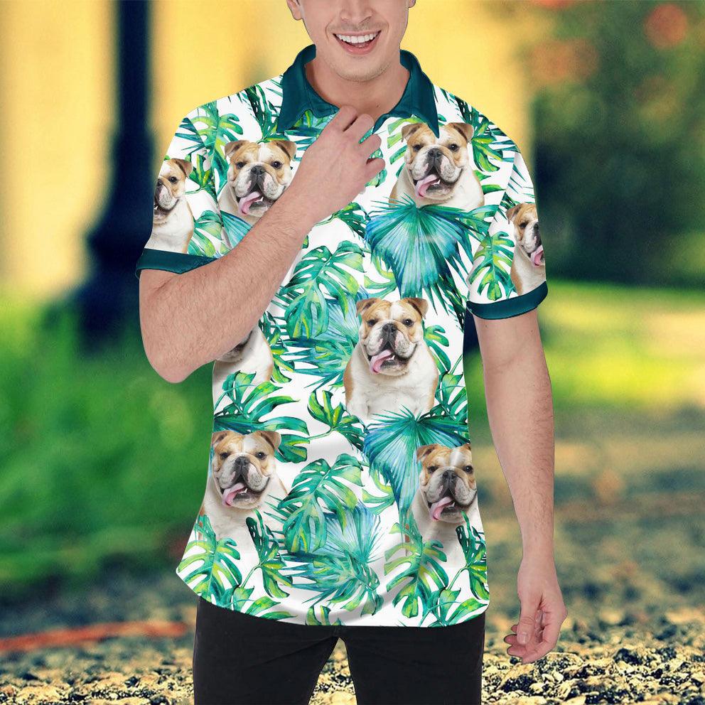 Custom Polo Shirt With Dog Face, Pet Face Polo Shirt, Green Leaves Pattern Personalized Polo Shirt For Dog Dad - Perfect Gift For Men, Dog Lover - Image 2