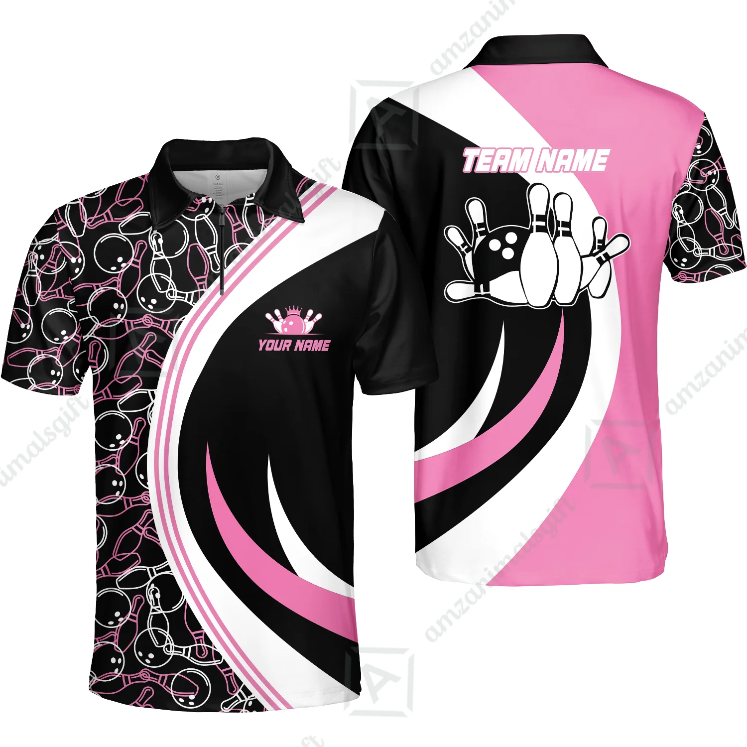 Custom Team Name Black Pink Bowling Team Jersey - Bowling uniforms Seamless Pattern Bowling Zip Polo Shirts - Uniform Shirt For Bowlers - Image 13
