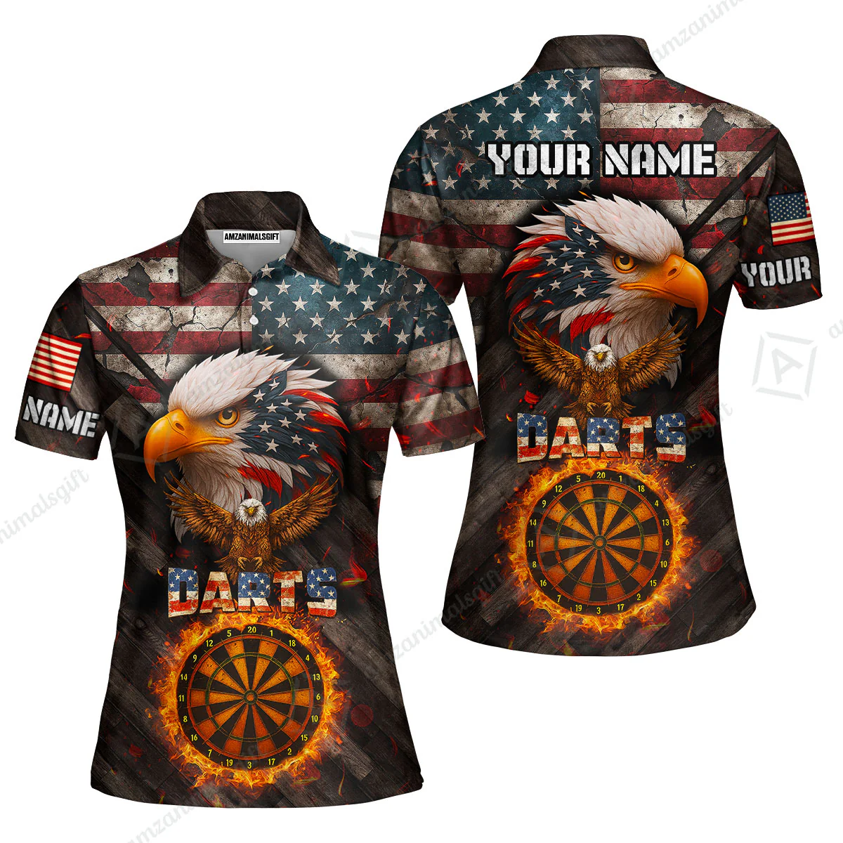 Customized American Flag Darts Polo Shirt, Darts Dartboard Fire Flame Eagle Style Jersey Polo Shirt for Darts Players - Image 5