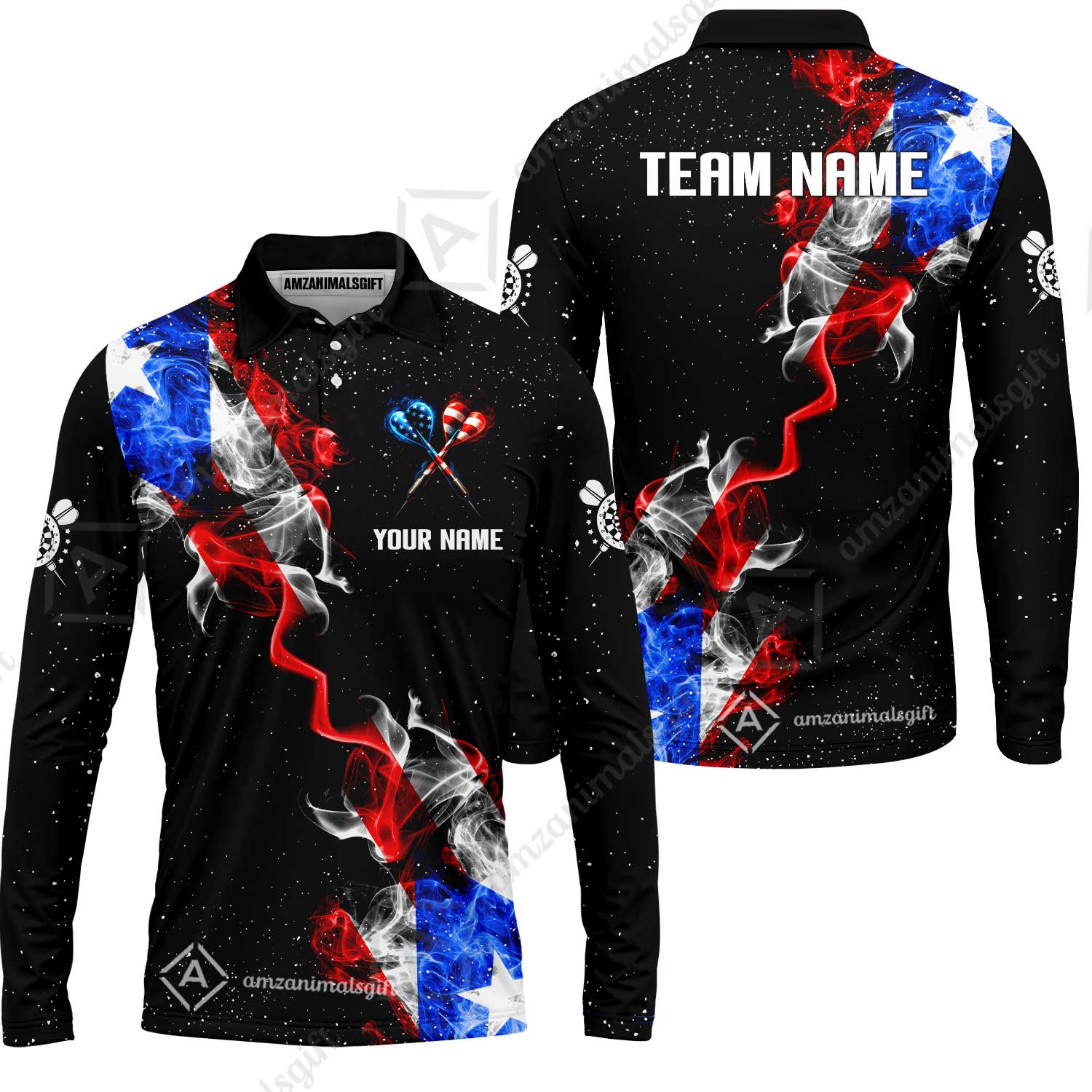 Customized American Flag Darts Stand Collar Quater-Zip, Darts Smoke USA Flag Team Style Jersey Polo Shirt, Outfit for Darts Players - Image 10