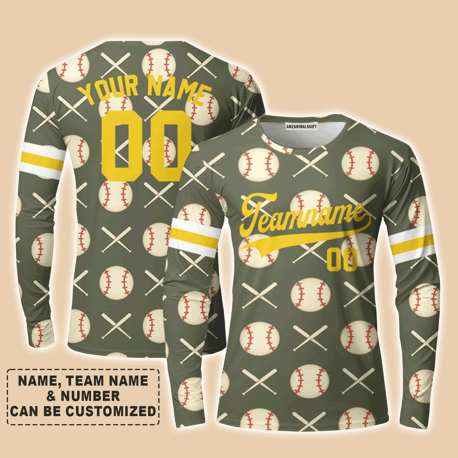 Customized Baseball Long Sleeve Shirt, Olive Baseball Striped Pattern Custom Long Sleeve Shirt - Perfect Long Sleeve Shirt For Men & Woman, Baseball Lovers - Image 3
