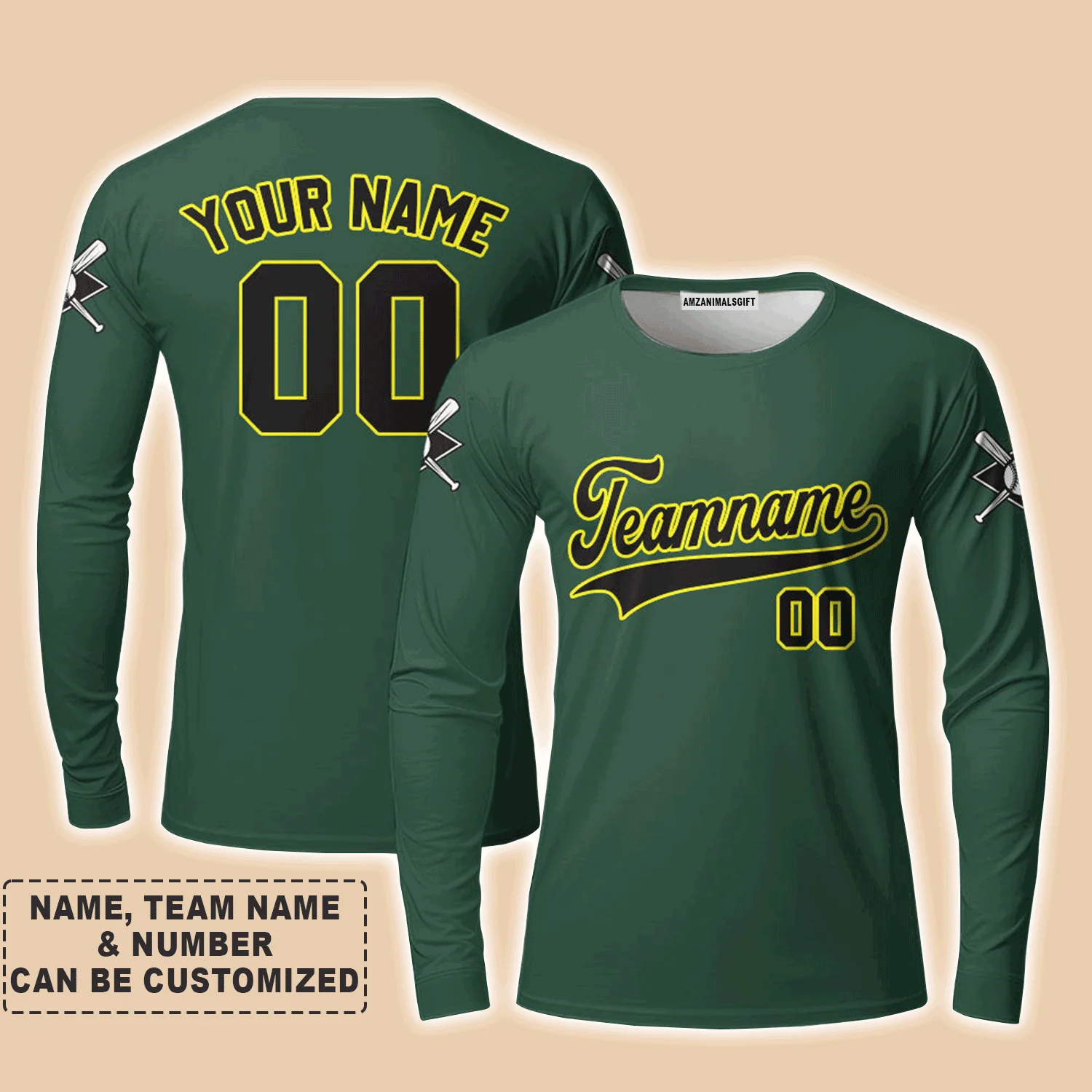 Customized Baseball Men Long Sleeve Shirt, Custom Navy Baseball Green Custom Men Long Sleeve - Perfect Men Long Sleeve Shirt For Men, Baseball Lovers - Image 3