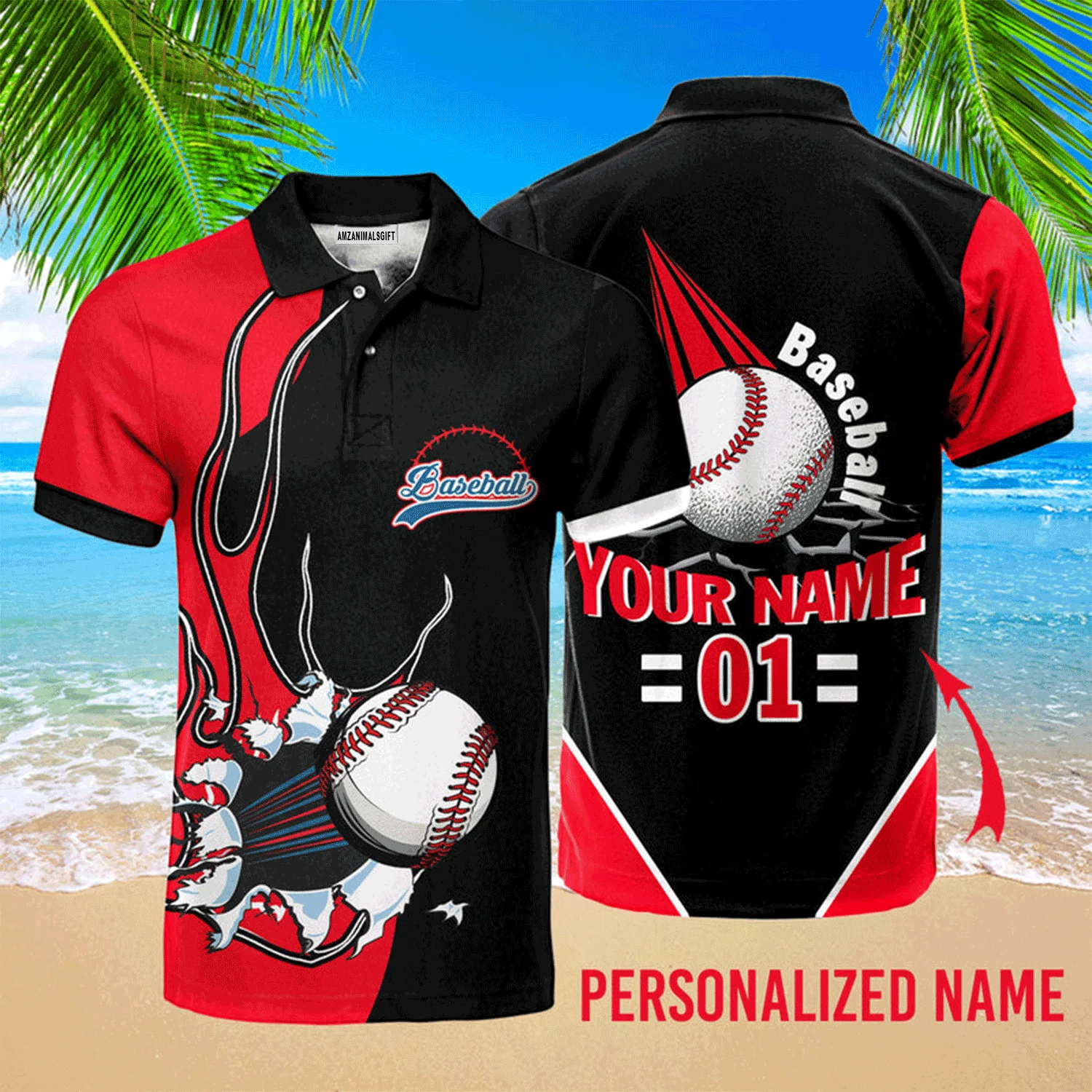 Customized Baseball Men Polo Shirt, Baseball Ball Black Red Custom Name Polo Shirt - Perfect Polo Shirt For men, Baseball Lovers - Image 2