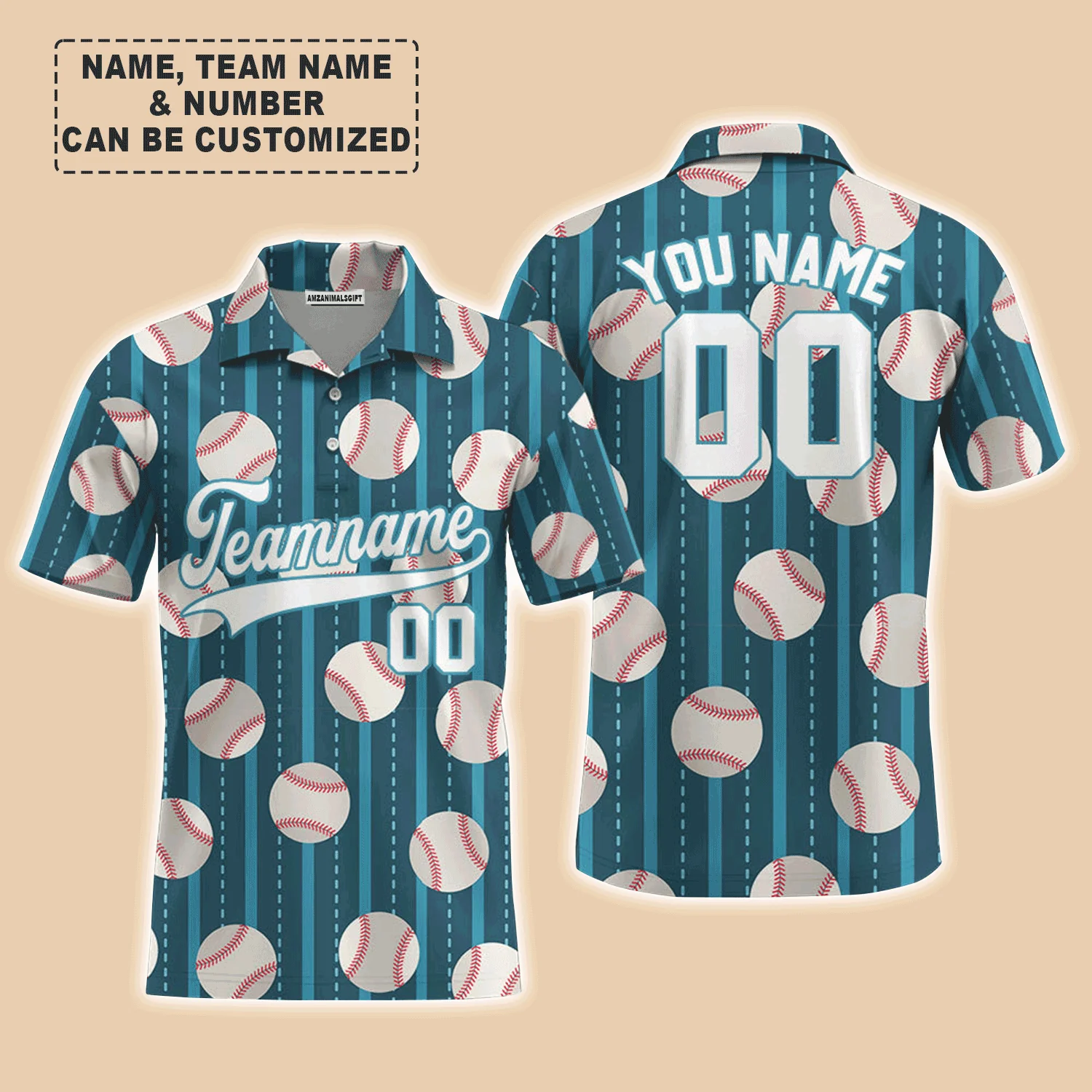 Customized Baseball Men Polo Shirt, Teal Baseball Striped Pattern Custom Polo Shirt - Perfect Polo Shirt For Men, Baseball Lovers - Image 2