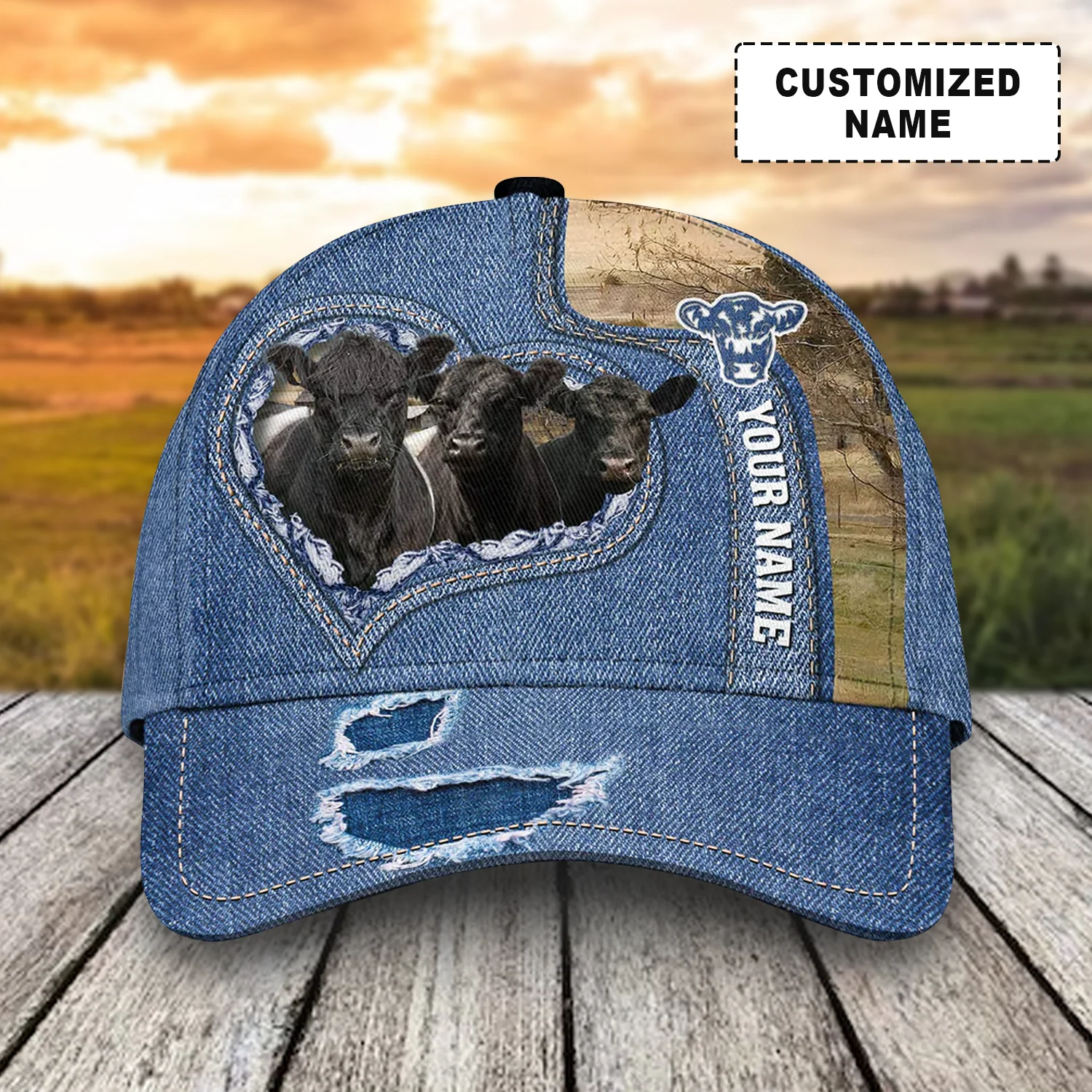 Customized Belted Galloway Cattle Cow Caps, Belted Galloway And Denim Pattern Hats, Best Farm Hat For Men Women Farmer