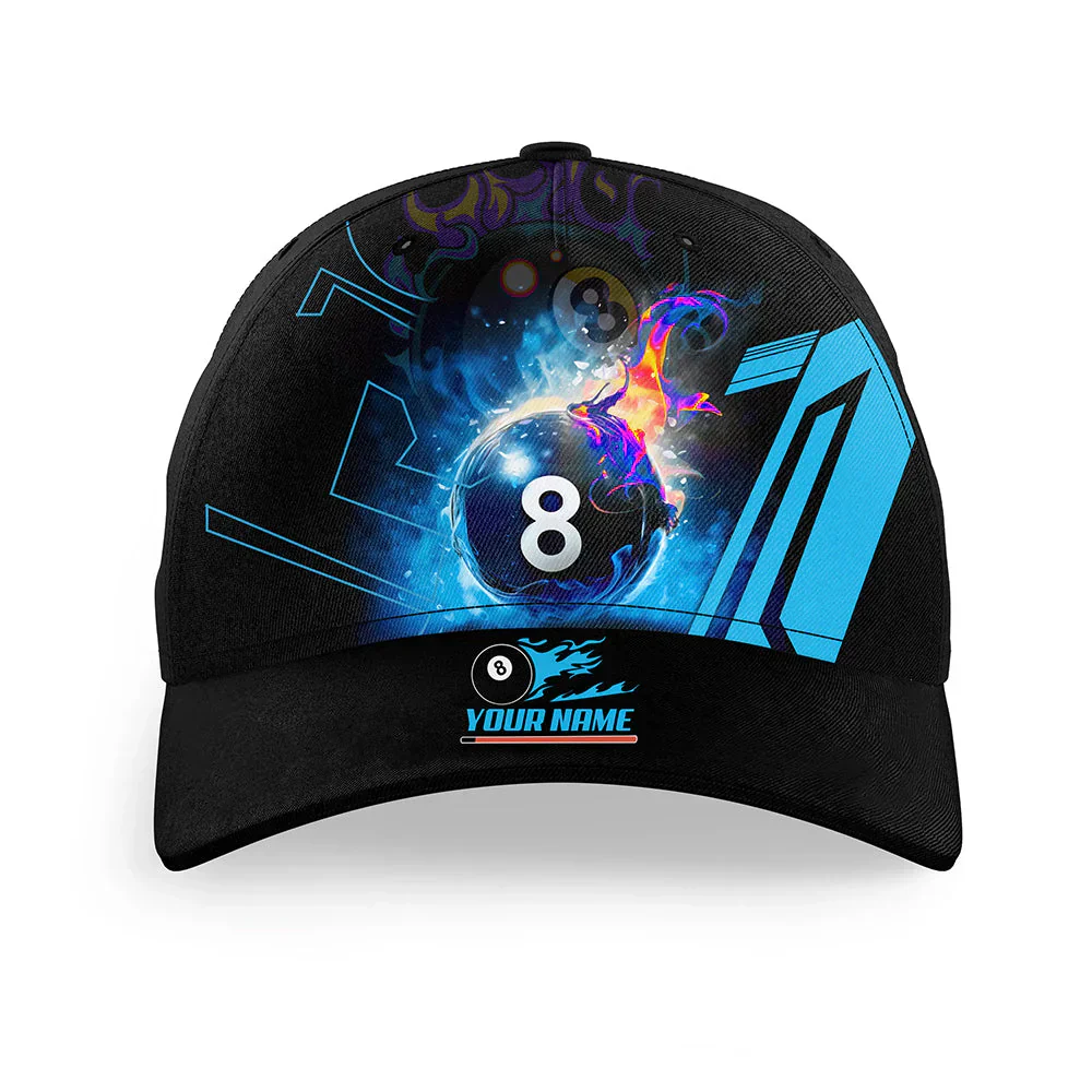 Customized Billiard Cap, Billiard Pool 8 Ball Flame Blue Version Personalized Name 3D Hats, Best Billiard Pool Hat For Billiard Players