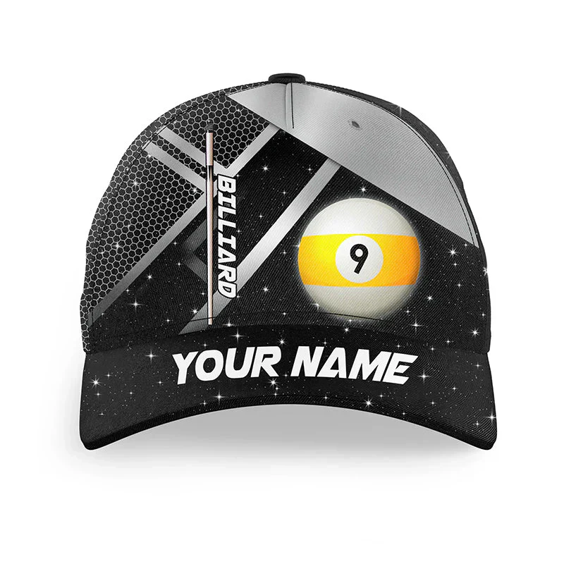 Customized Billiard Cap, Billiard Pool 9 Ball Pool Black Personalized Name 3D Hats, Best Billiard Pool Hat For Billiard Players