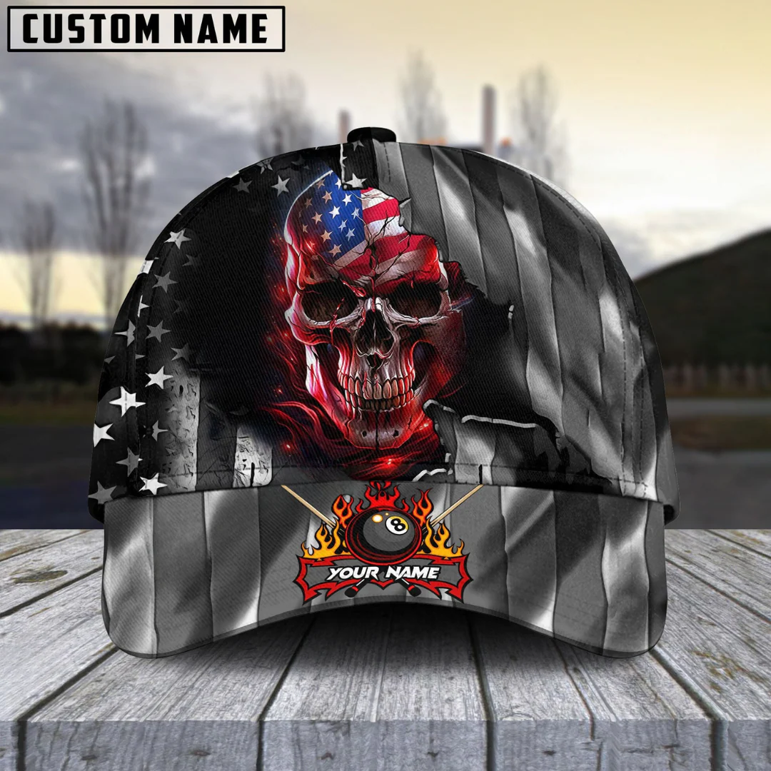 Customized Billiard Cap, Billiard Pool Ball 8 American Skull Metal Art Personalized Name 3D Hats, Best Billiard Pool Hat For Billiard Players