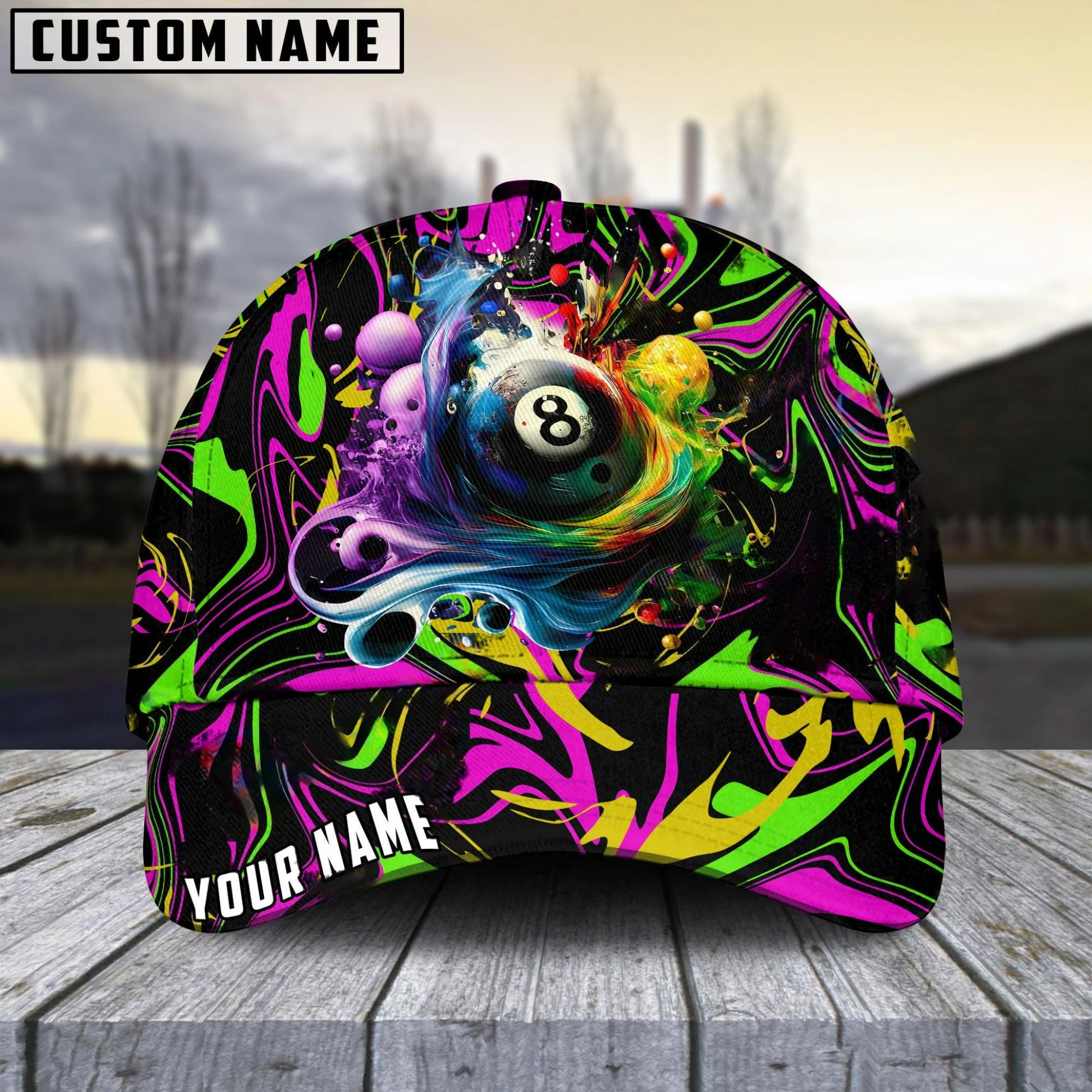 Customized Billiard Cap, Billiard Pool Ball 8 Graffiti Paint Splash Personalized Name 3D Hats, Best Billiard Pool Hat For Billiard Players