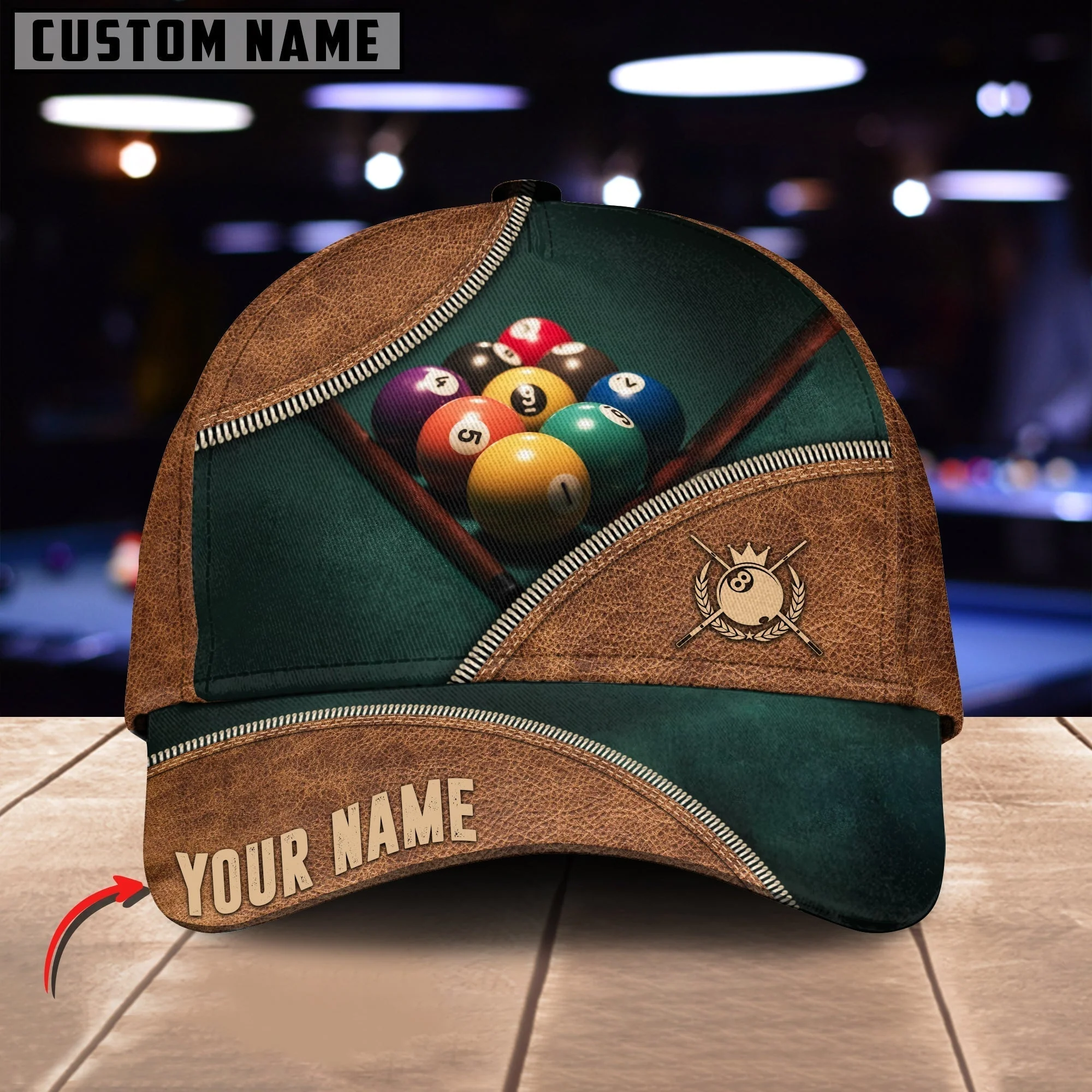 Customized Billiard Cap, Billiard Pool Brown N Gr Customized Name 3D Hats, Best Billiard Pool Hat For Billiard Players