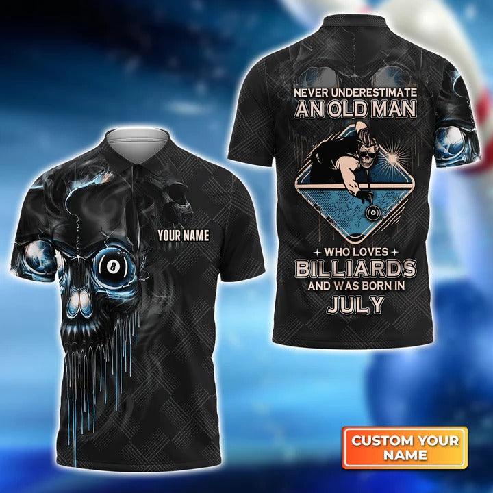 Customized Billiard Men Polo Shirts - Pool 8 Ball Never Underestimate An Old Man And Was Born In July Personalized Polo Shirt - Gift For Billiard Lovers