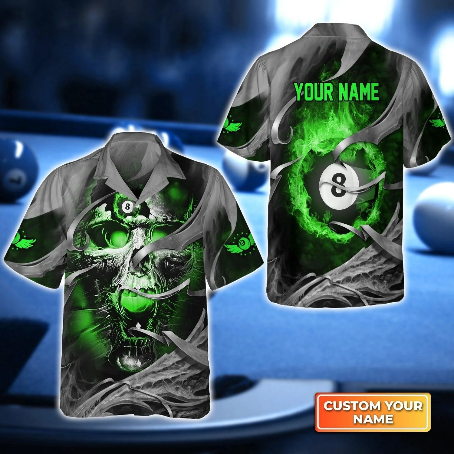 Customized Billiards Aloha Hawaiian Shirts, 8 Ball Pool Billiards, Green Skull Reaper Personalized Name Hawaiian Shirt For Men Women, Billiard Lovers