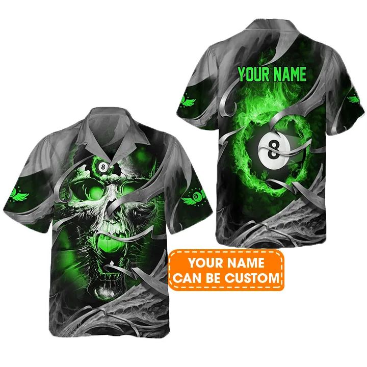 Customized Billiards Aloha Hawaiian Shirts, 8 Ball Pool Billiards, Green Skull Reaper Personalized Name Hawaiian Shirt For Men Women, Billiard Lovers - Image 2