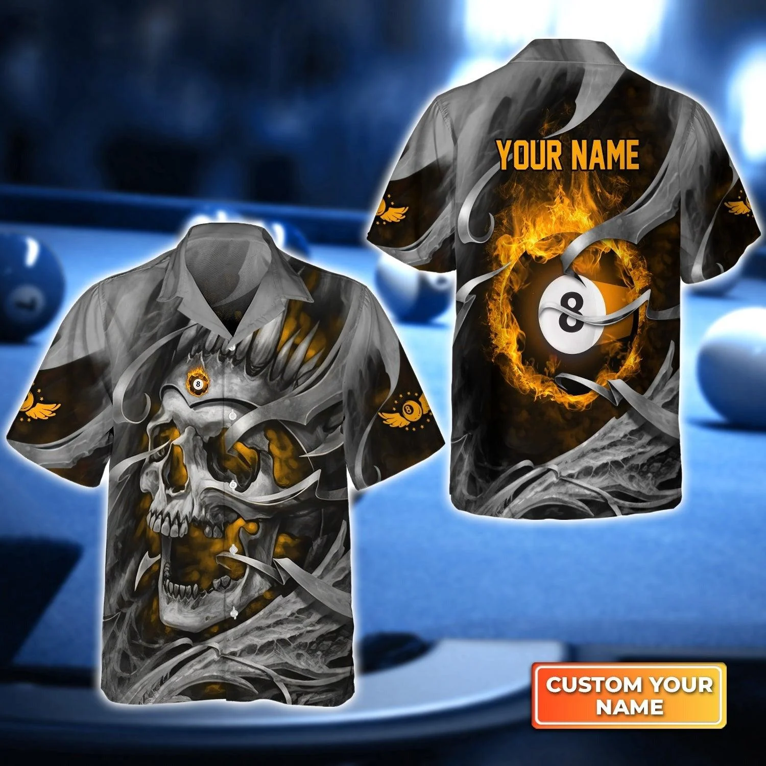 Customized Billiards Aloha Hawaiian Shirts, Pool 8 Ball Billiards, Yellow Skull Reaper Personalized Name Hawaiian Shirt For Men Women, Billiard Lovers
