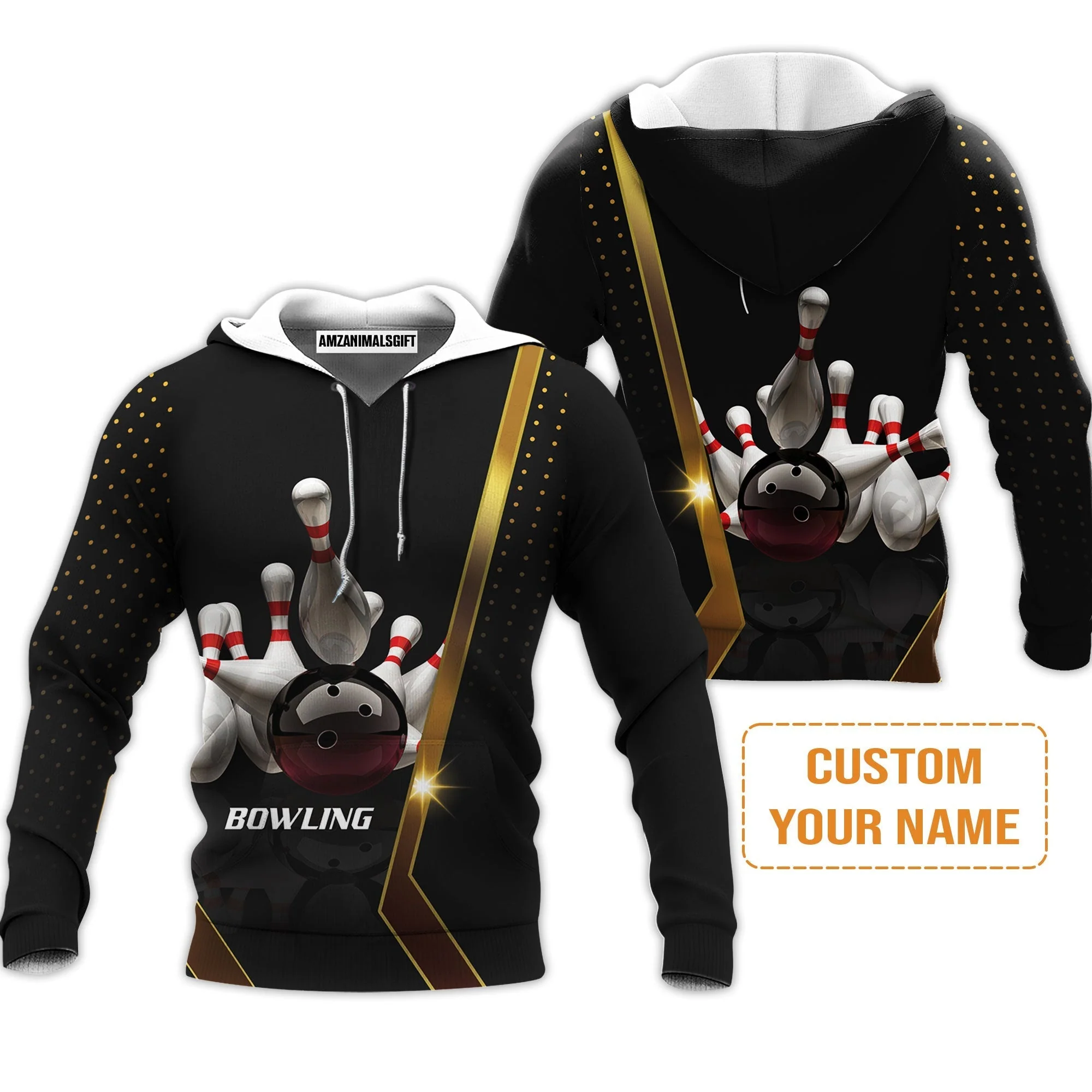 Customized Bowling Hoodie, Black And Golden Pattern Personalized Bowling Hoodie - Image 2