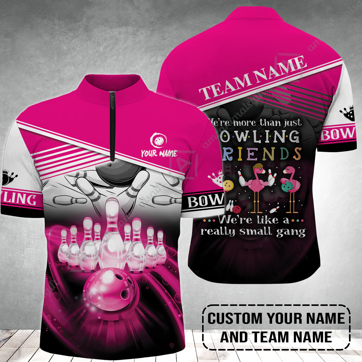 Customized Bowling Jersey, Flamingo Personalized Bowling Team We're Like A Really Small Gang Bowling Jersey - Image 2