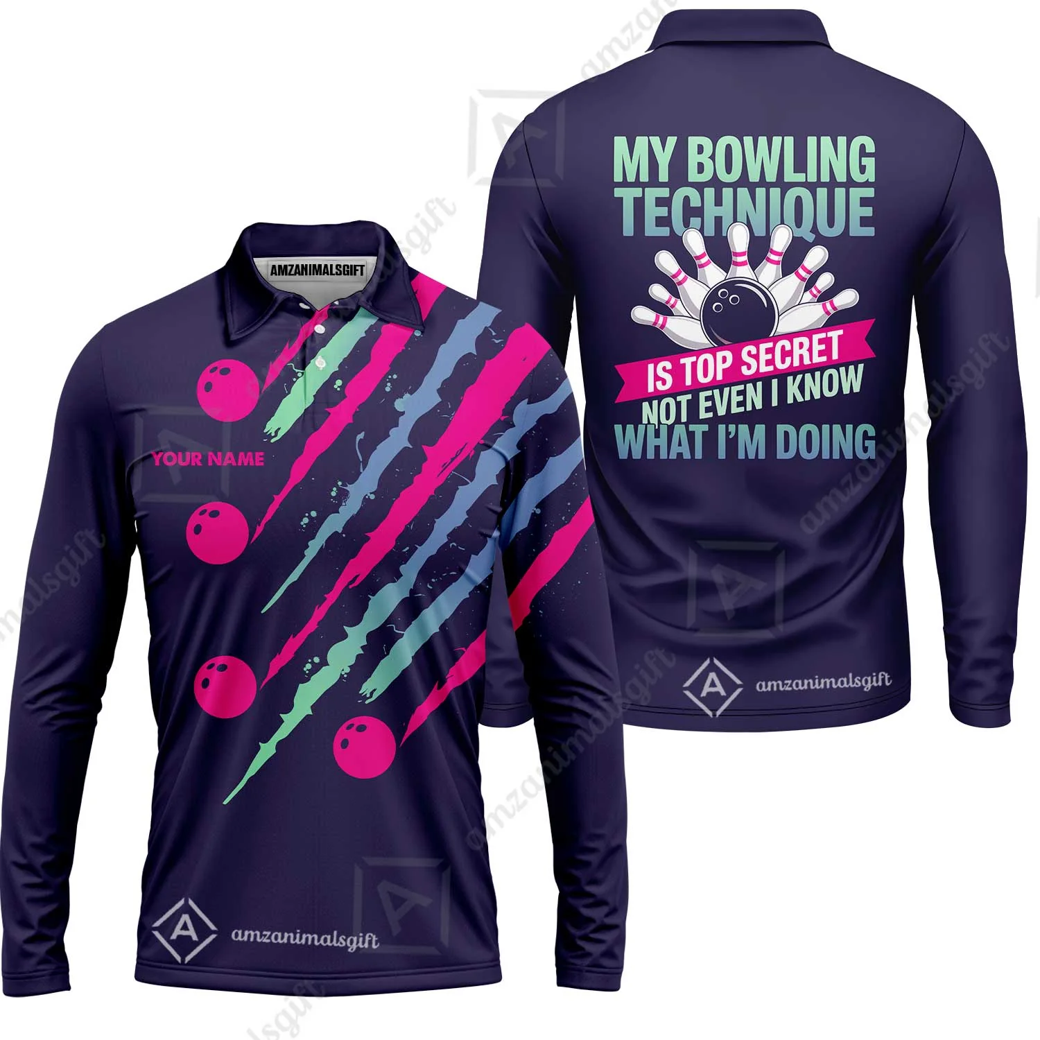 Customized Bowling Jersey, My Bowling Technique Is Top Secret - Personalized Name Stand Collar Quarter-zip Shirt - Image 19