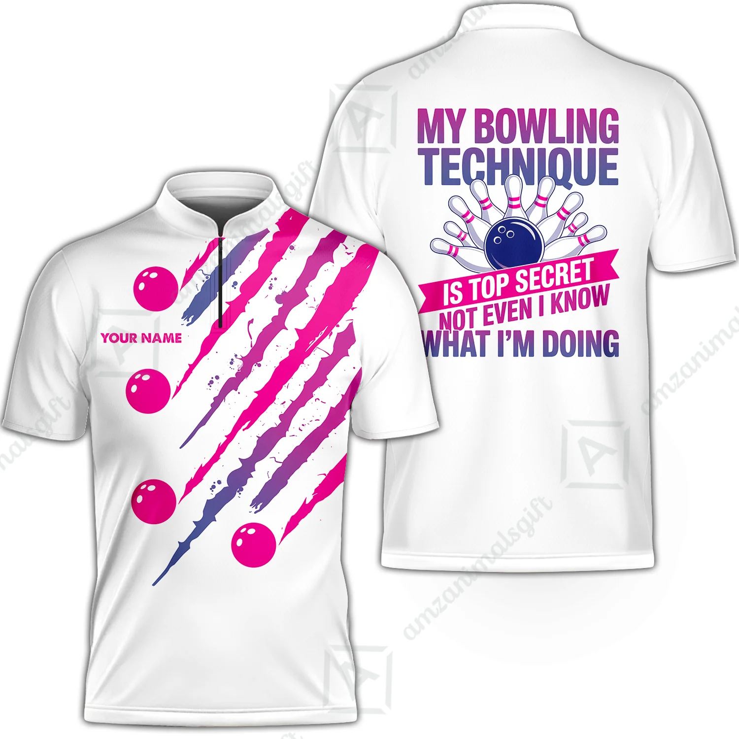 Customized Bowling Jersey, My Bowling Technique Is Top Secret - Personalized Name Stand Collar Quarter-zip Shirt - Image 2
