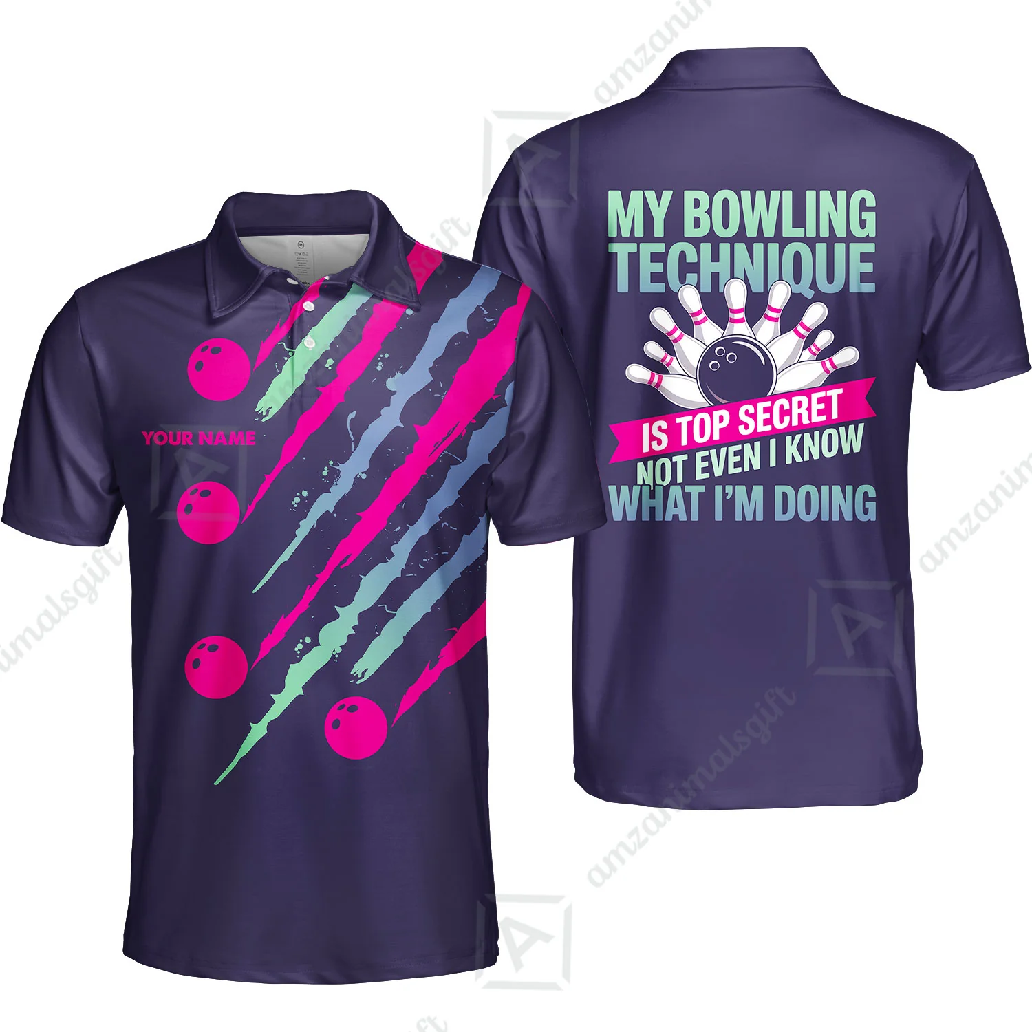 Customized Bowling Jersey, My Bowling Technique Is Top Secret - Personalized Name Stand Collar Quarter-zip Shirt - Image 3