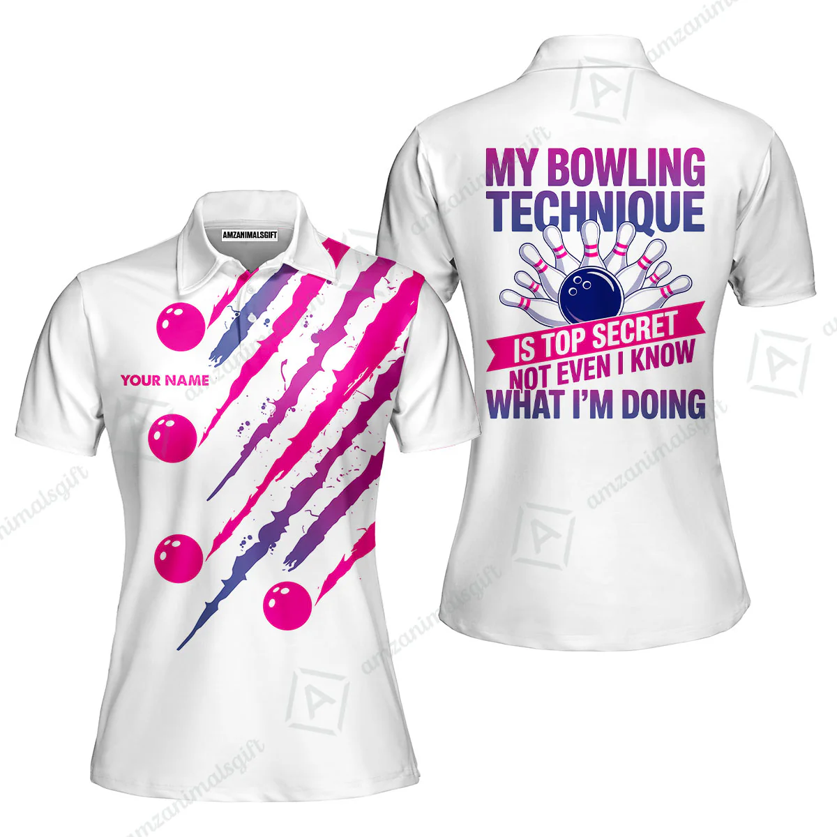 Customized Bowling Jersey, My Bowling Technique Is Top Secret - Personalized Name Stand Collar Quarter-zip Shirt - Image 8