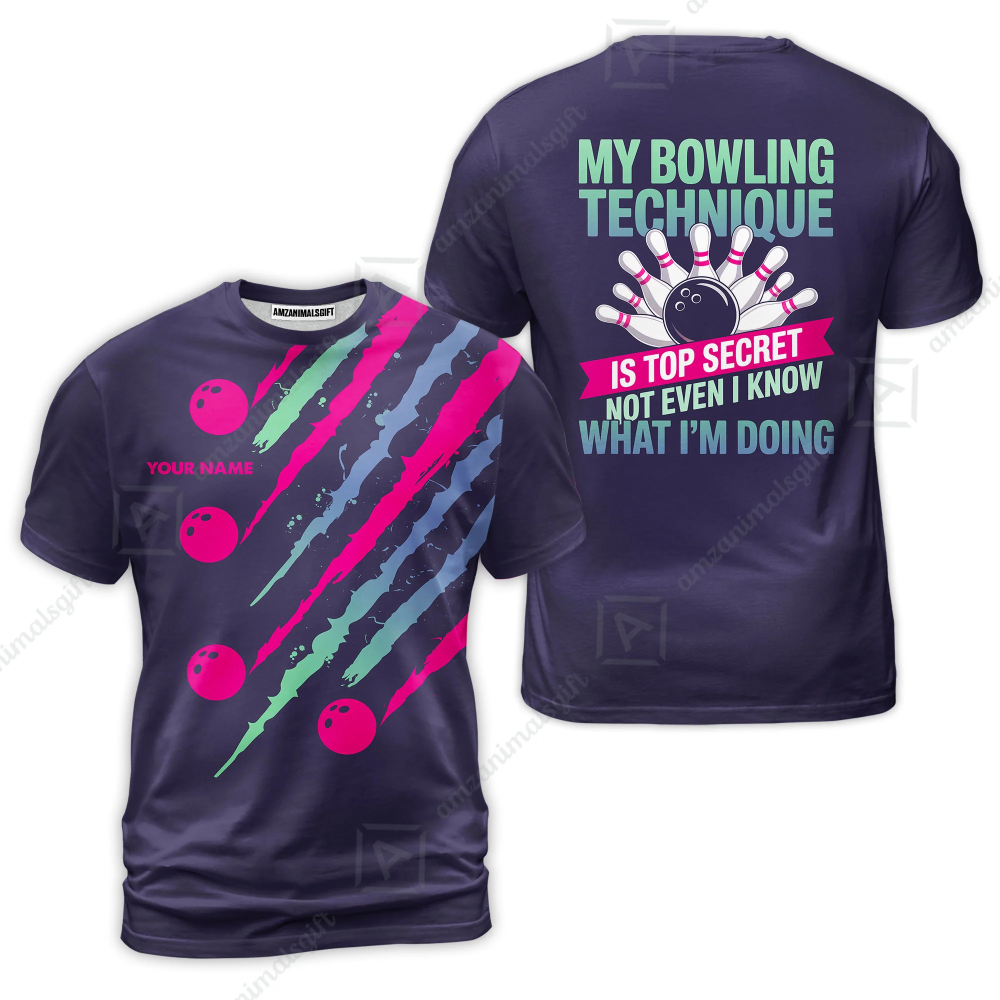 Customized Bowling Jersey, My Bowling Technique Is Top Secret - Personalized Name Stand Collar Quarter-zip Shirt - Image 9