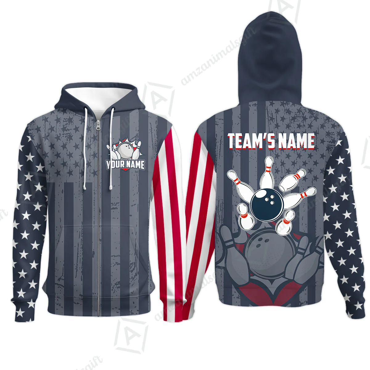 Customized Bowling Jersey Quarter-Zip Stand Collar Shirt, Bowling USA Flag Pattern Team Shirt For Men Women Bowlers - Image 13