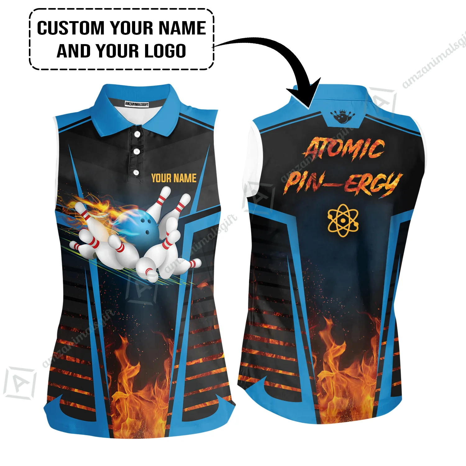 Customized Bowling Jerseys Shirt With Name And Logo, Fire Flaming  And Blue Bowling Uniforms For Bowler, Bowling Team - Image 6