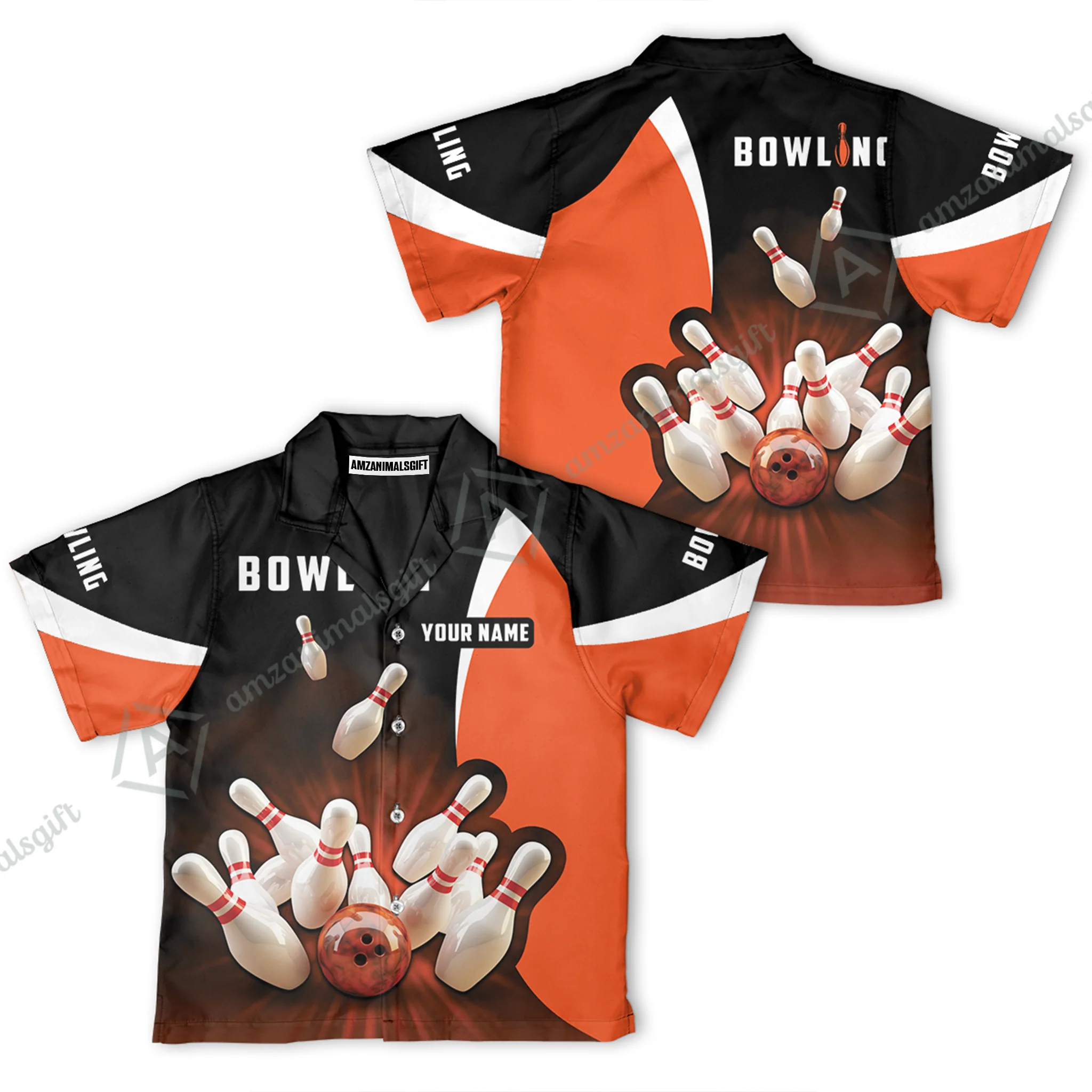 Customized Bowling Kid Youth Hawaiian Aloha Shirt, Ten Pin Strike Bowling Orange Black Children's Shirt For Son, Daughter, Family - Image 2