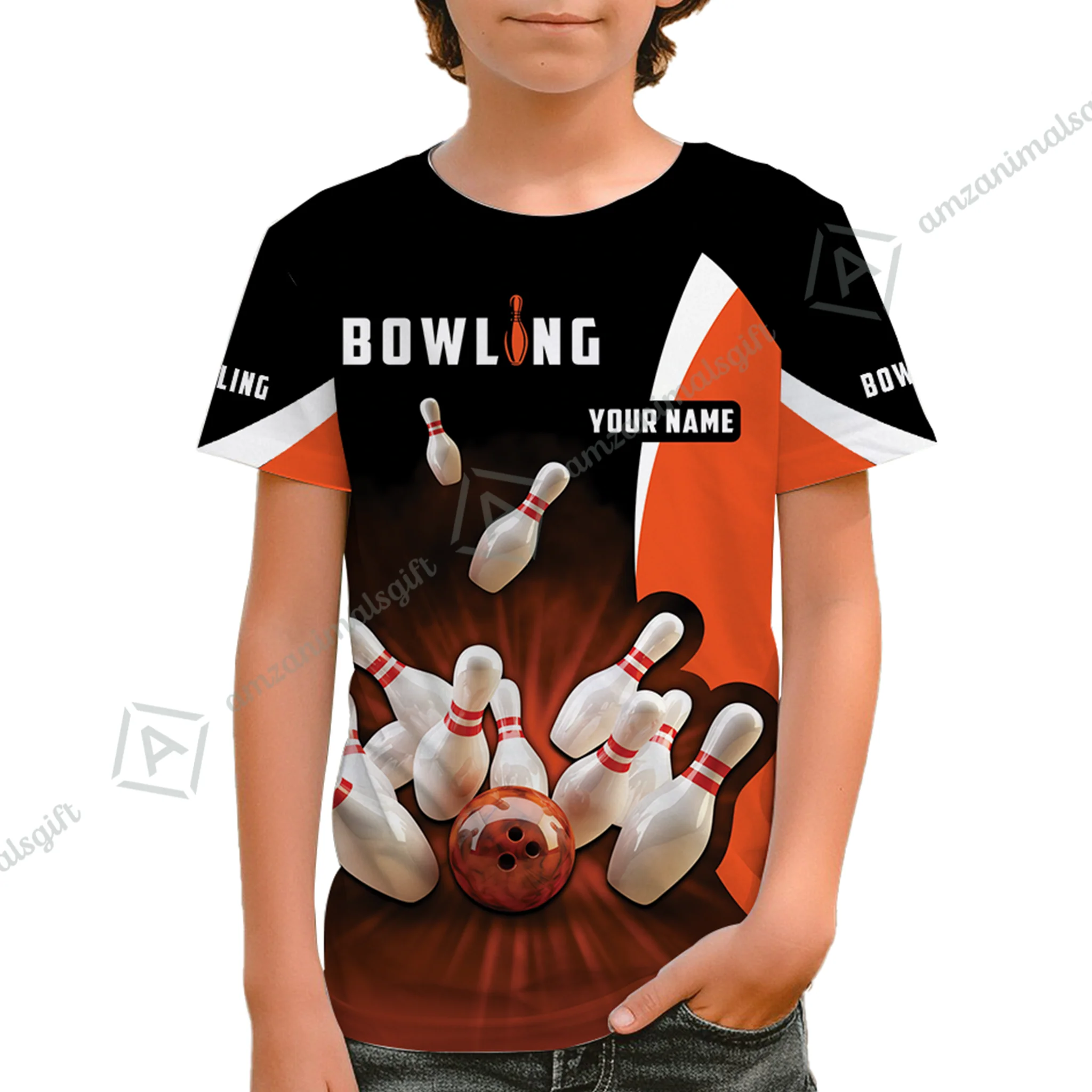 Customized Bowling Kid Youth Hawaiian Aloha Shirt, Ten Pin Strike Bowling Orange Black Children's Shirt For Son, Daughter, Family - Image 4