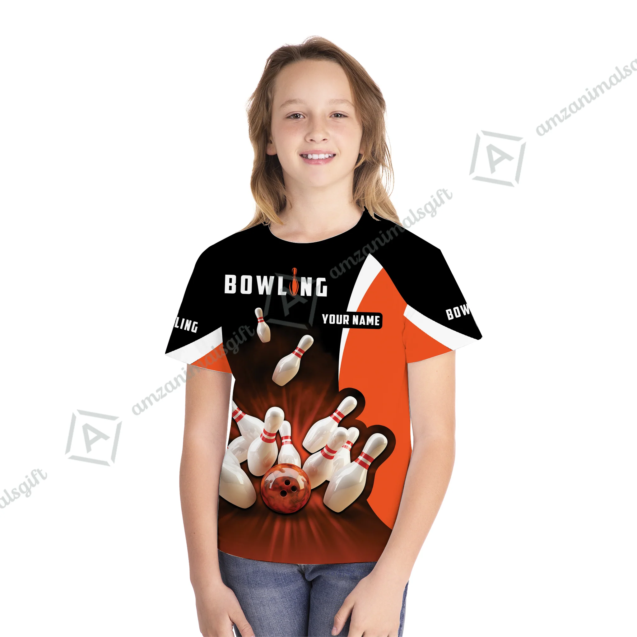 Customized Bowling Kid Youth Hawaiian Aloha Shirt, Ten Pin Strike Bowling Orange Black Children's Shirt For Son, Daughter, Family - Image 5